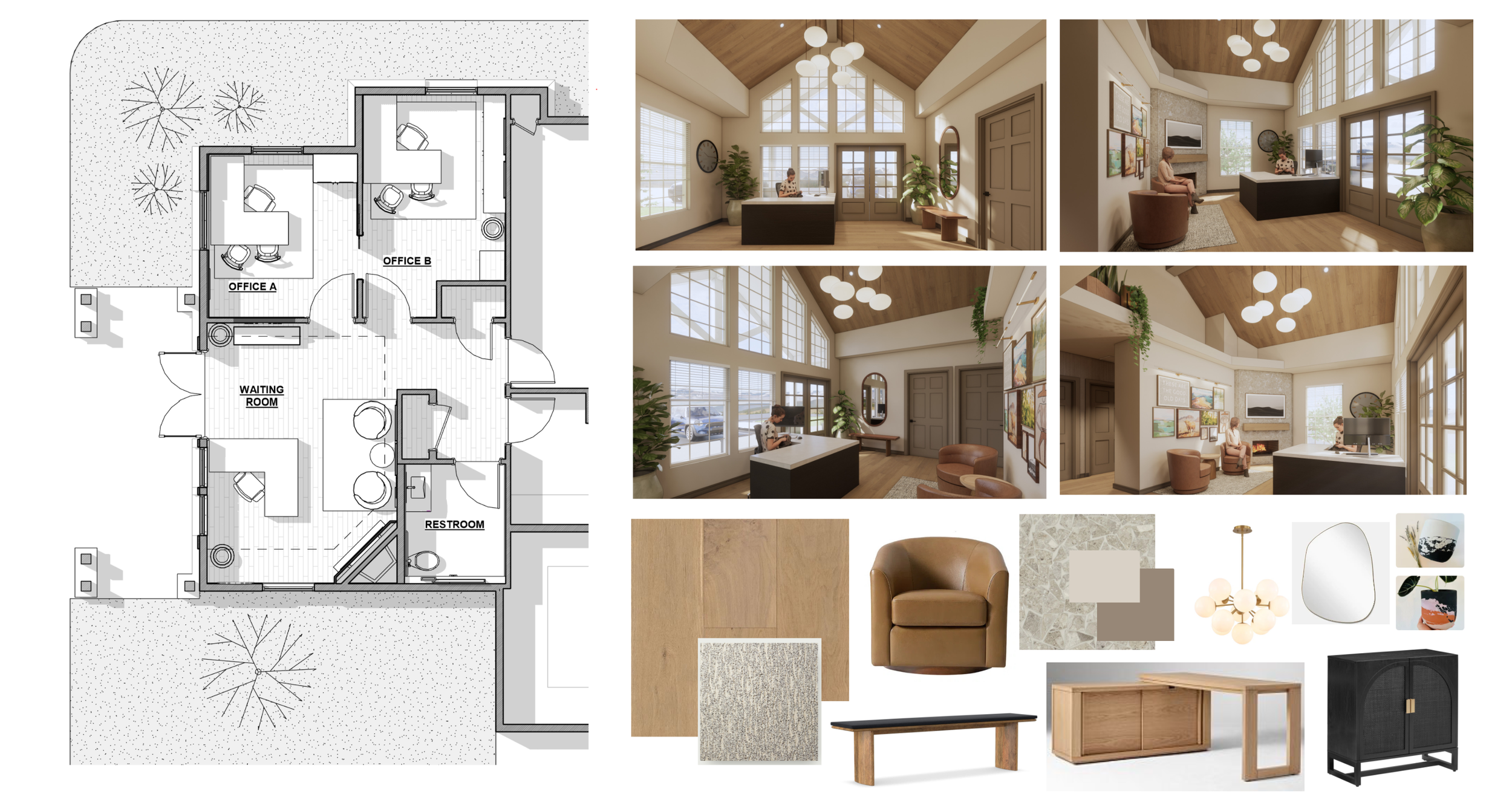 Architectural floor plan of a waiting room and offices with interior design images showing a reception area, waiting space, and cozy office with large windows, wooden ceiling, and modern furniture, including chairs, a desk, and decor elements.