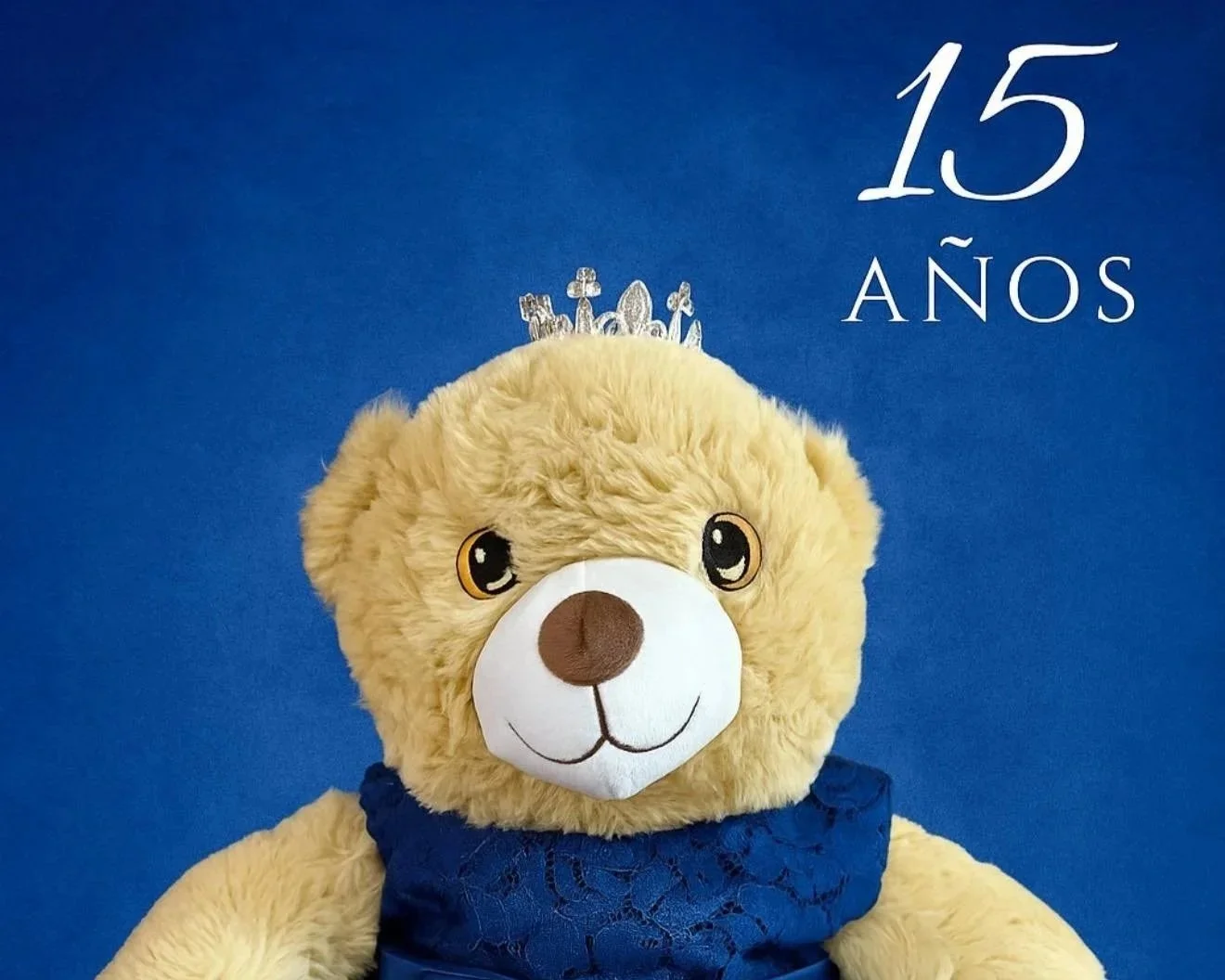 A plush teddy bear wearing a blue dress with a crown on its head, in front of a blue background with white text that reads '15 AÑOS'.