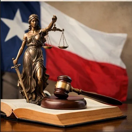 A bronze statue of Lady Justice holding a sword and scales, placed on an open book with a gavel resting on the book, in front of a Texas flag.