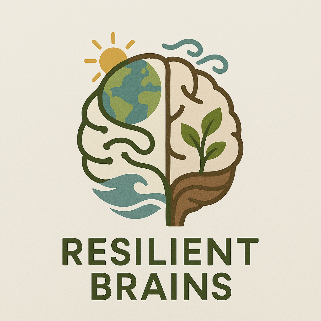A stylized illustration of a brain divided into two halves, with eco-friendly symbols: a sun, Earth, water, wind, and a plant, along with the text "Resilient Brains" below.