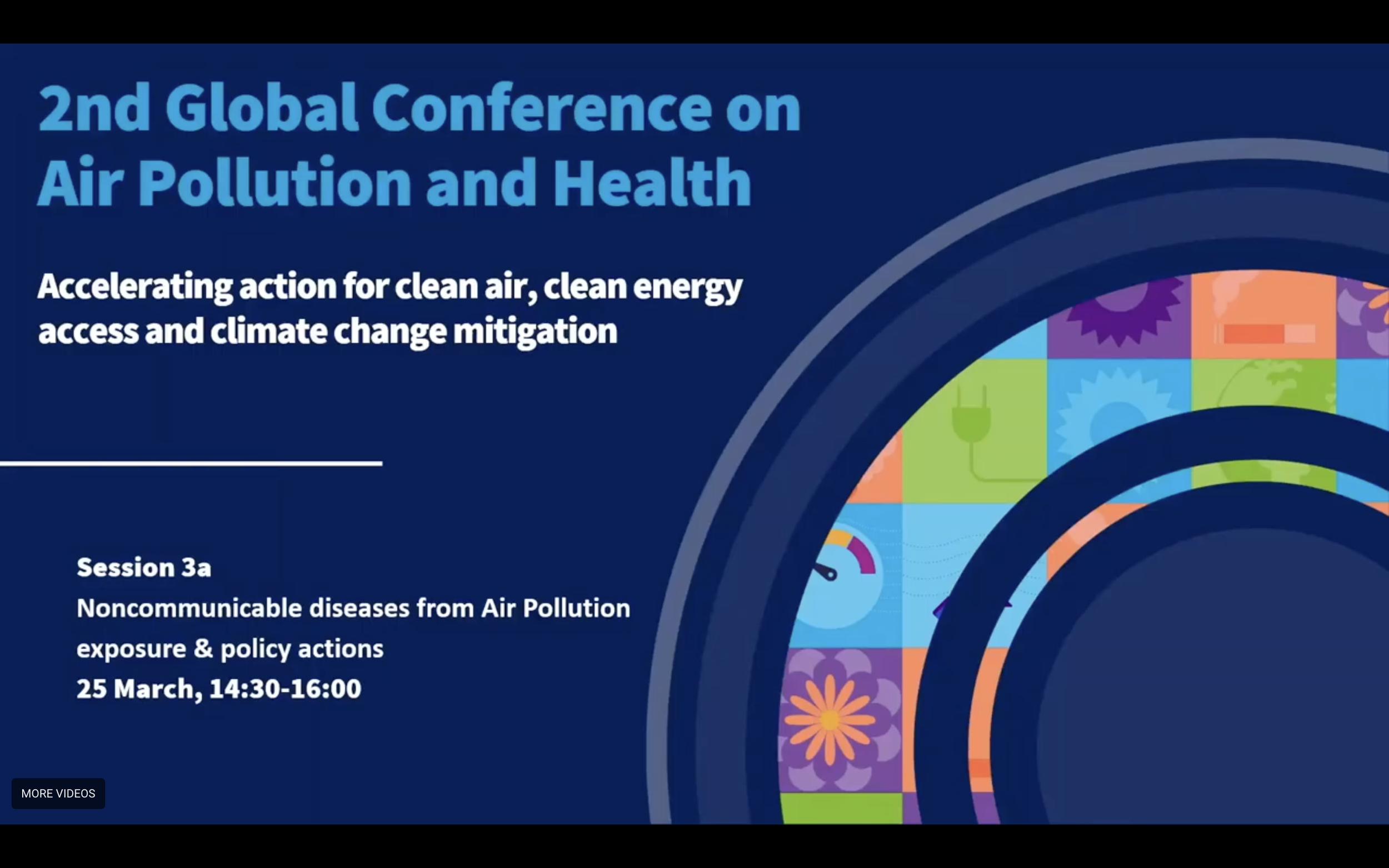Information poster for the 2nd Global Conference on Air Pollution and Health, focusing on clean air, energy access, and climate change mitigation, with session details and colorful graphic design elements.