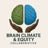 Illustration of a brain with the left half green and the right half blue, held by two hands. Text reads 'Brain Climate & Equity Collaborative.'