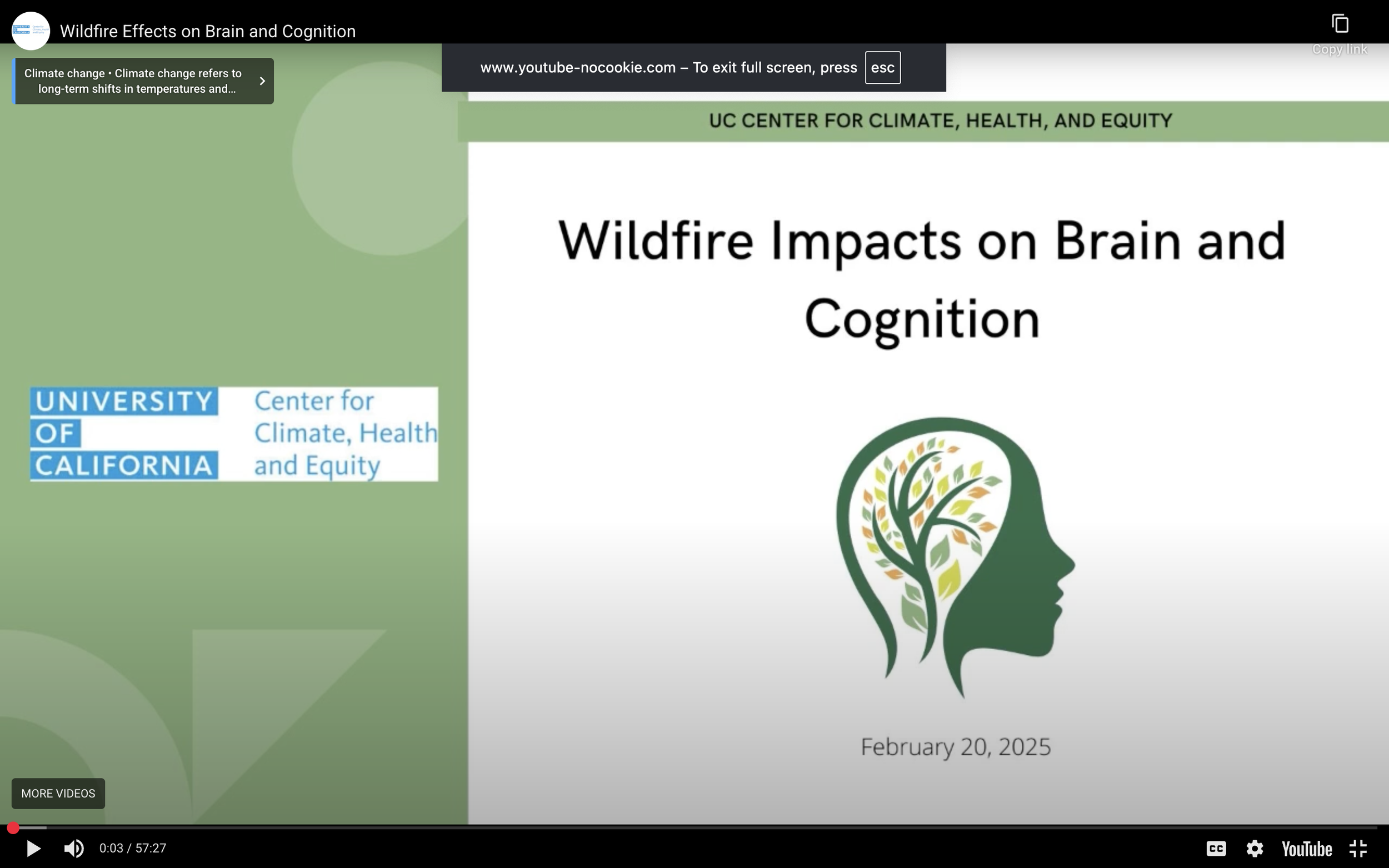 Slide from a presentation titled 'Wildfire Impacts on Brain and Cognition' by the UC Center for Climate, Health, and Equity, dated February 20, 2025. The slide features a silhouette of a human head filled with a tree and leaves, symbolizing mental health and environmental impact.