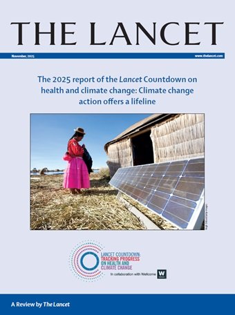 Cover of The Lancet magazine, featuring a woman in a pink skirt and hat standing near solar panels outdoors, with a wooden structure in the background.