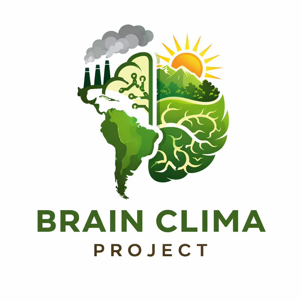 A logo divided into two halves: the left side shows pollution with factories emitting smoke and circuit lines, the right side depicts nature with a sun, mountains, trees, and green leaves; below is the text 'BRAIN CLIMA PROJECT'.