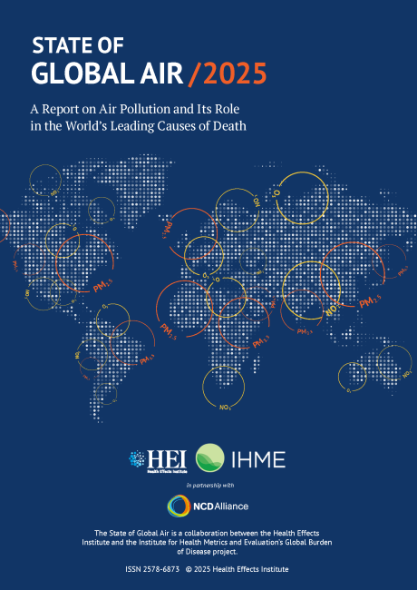 Cover page for the report titled 'State of Global Air 2025', discussing air pollution and its role in causing death. Features a world map with circles indicating pollutants like PM2.5 and NO2, and logos of health and research organizations.