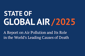 Cover of a report titled 'State of Global Air 2025' discussing air pollution and its impact on death rates.