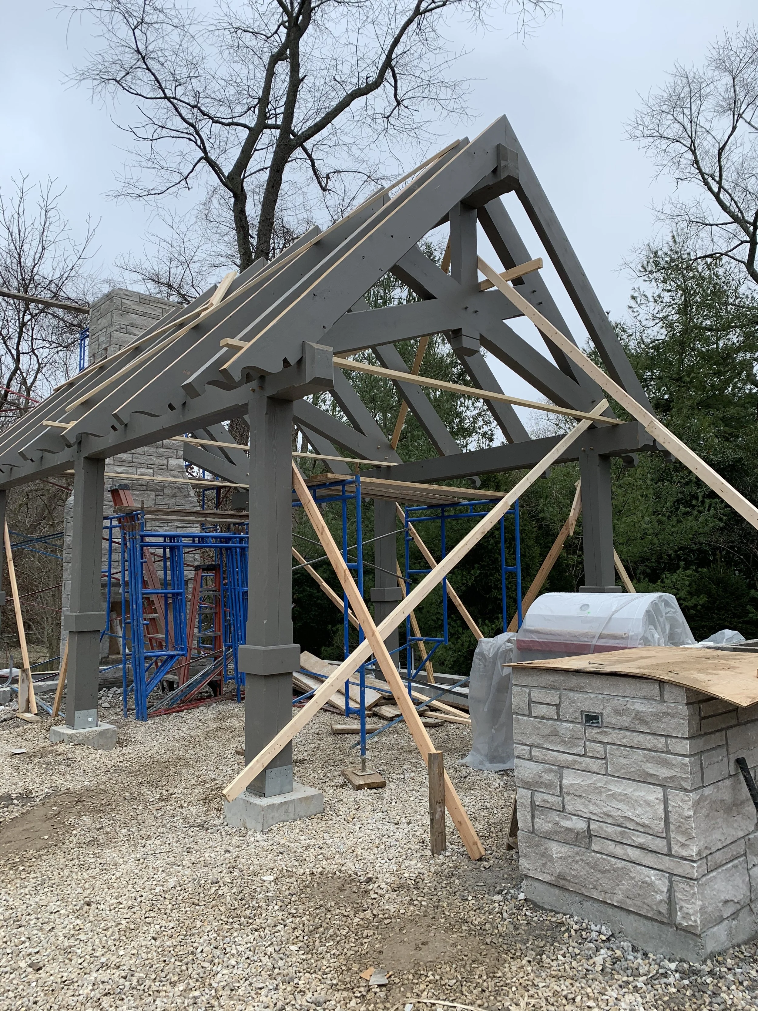 Pre-cut timber frame assembled and braced ready for the next steps