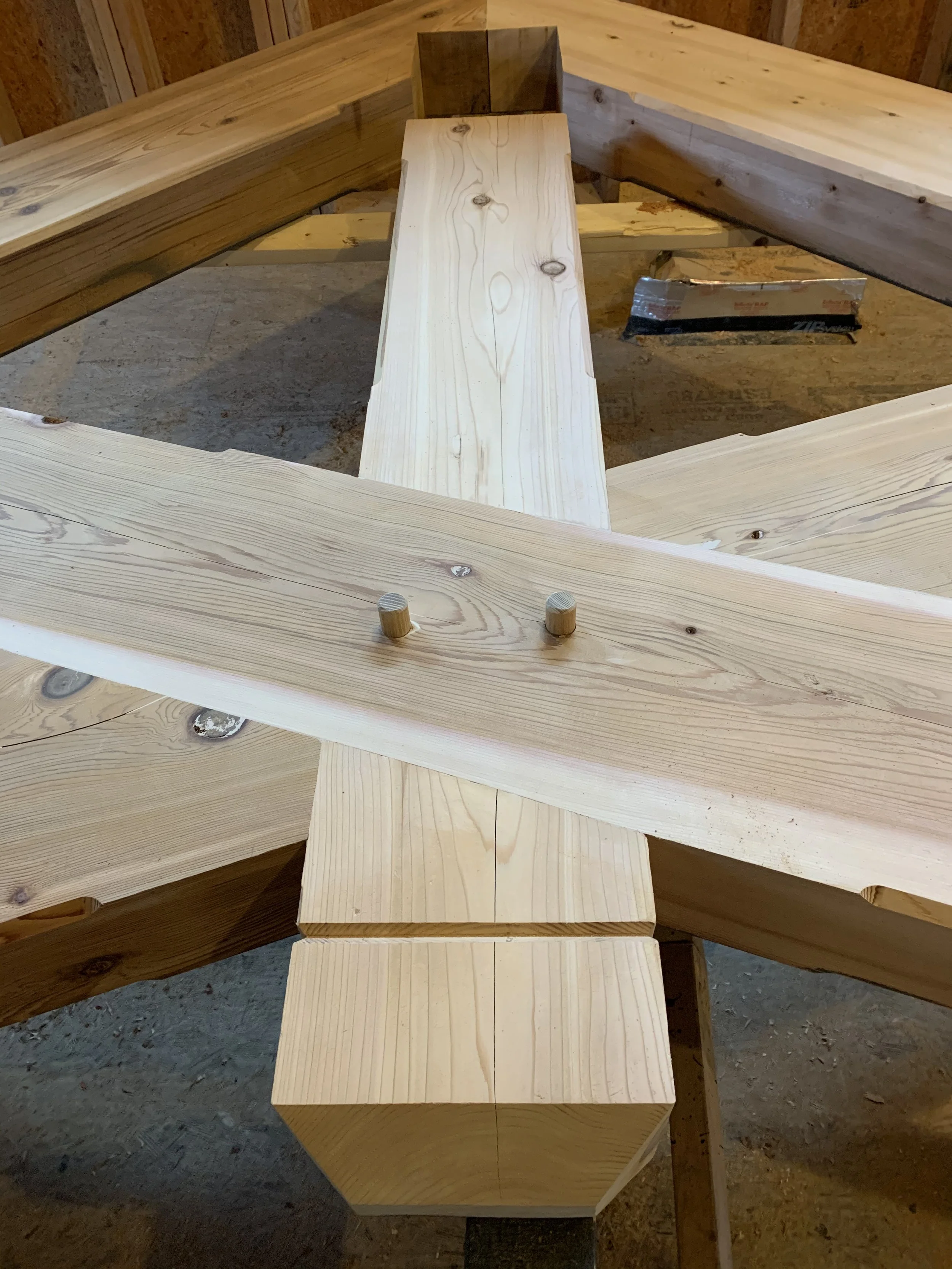 Hand cut mortise and tenon timber framing detail