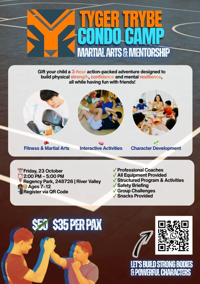 Tyger Trybe Condo Camp: 23 October 2026, 2–5 PM, ages 7–12, Regency Park, River Valley. S$35 per person. Register via WhatsApp.