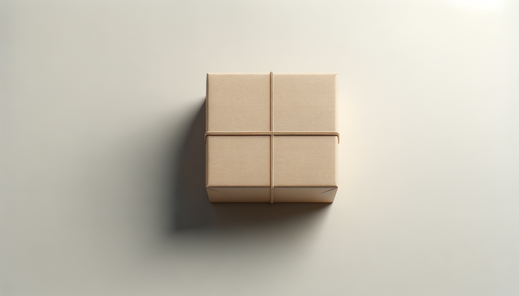 A neatly wrapped beige cardboard box with a rubber band on a light-colored surface.