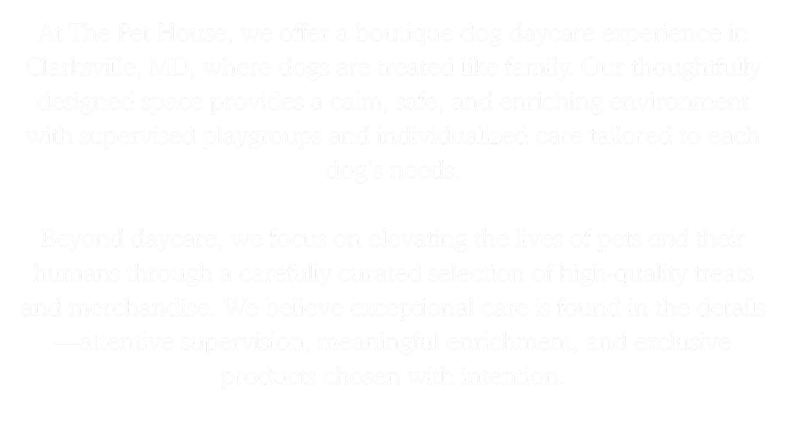Text describing pet care services, emphasizing dog daycare, supervised play, pet enrichment, and high-quality treats and merchandise in Clarksville, MD.