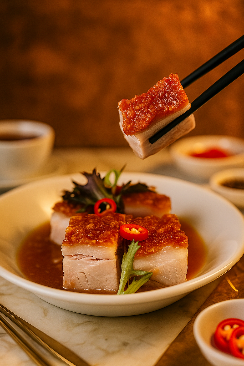 Pieces of steamed pork belly topped with a spicy sauce, garnished with red chili slices and greens in a white bowl.
