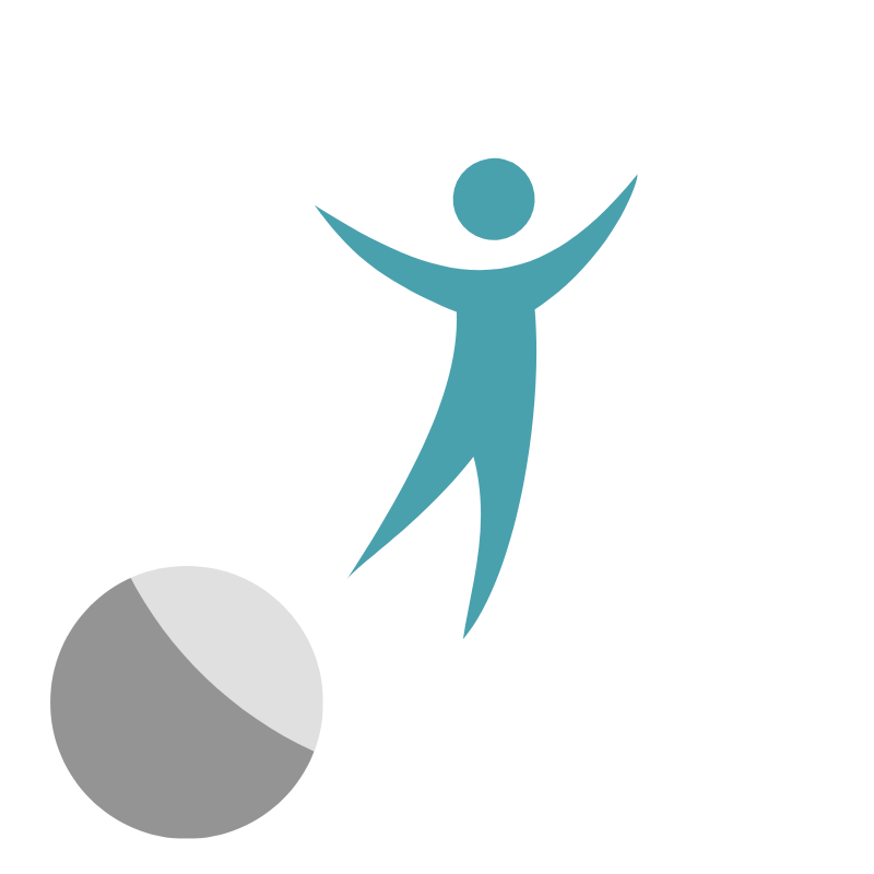 Stylized teal figure with arms raised, on a white circle background with overlapping dark gray and light gray circles in the lower left corner.