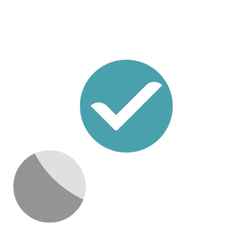 A white circle with a blue checkmark inside, and a smaller gray circle overlapping the bottom left of the larger circle.