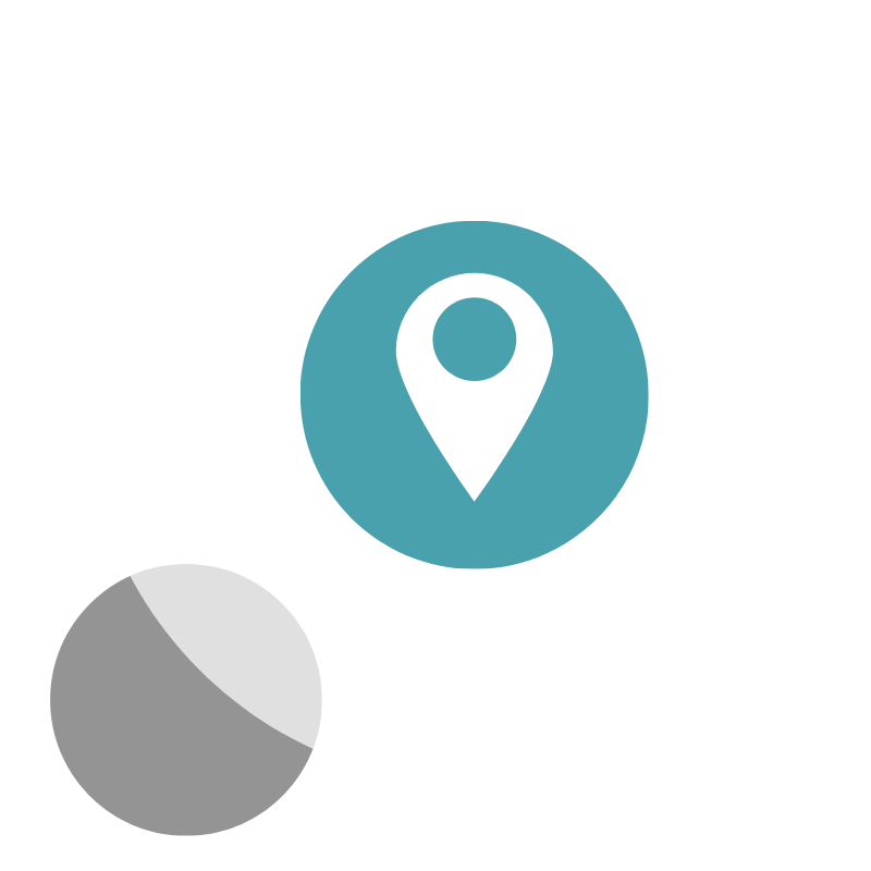 Map marker icon inside a white circle with a gray semi-circle overlay.