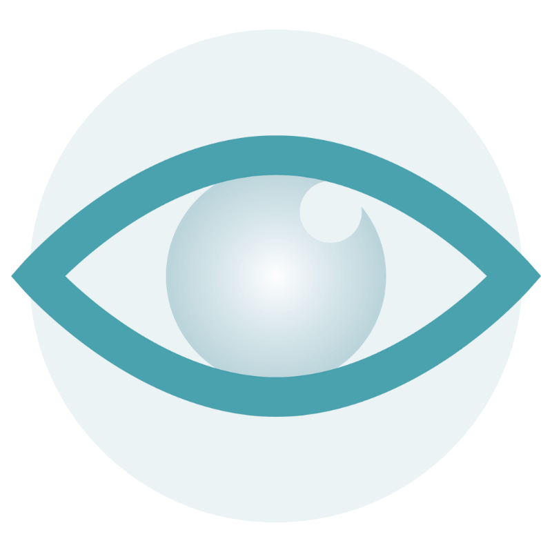 A stylized eye with a blue outline and a white iris with a light blue pupil.