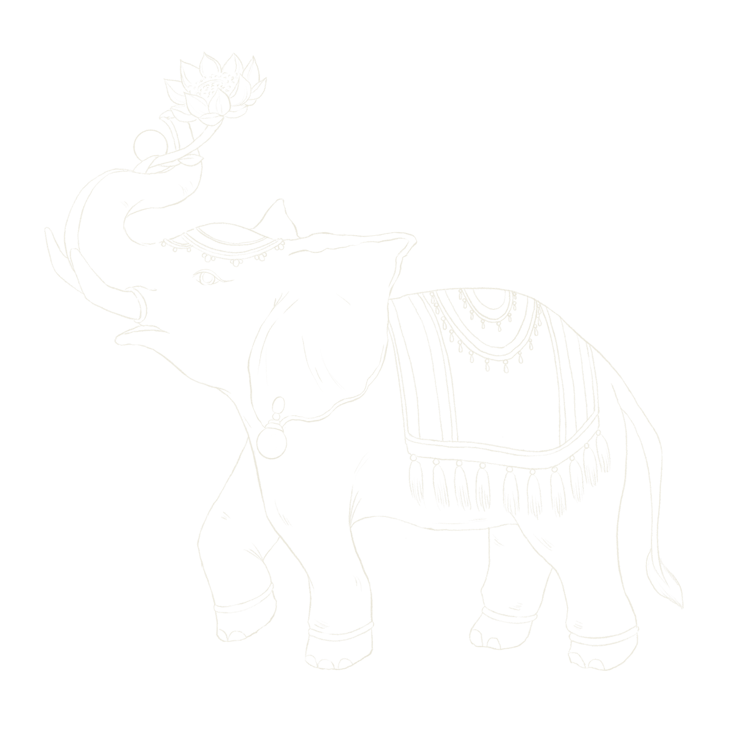 Line drawing of an elephant adorned with decorative accessories, holding a lotus flower with its trunk.