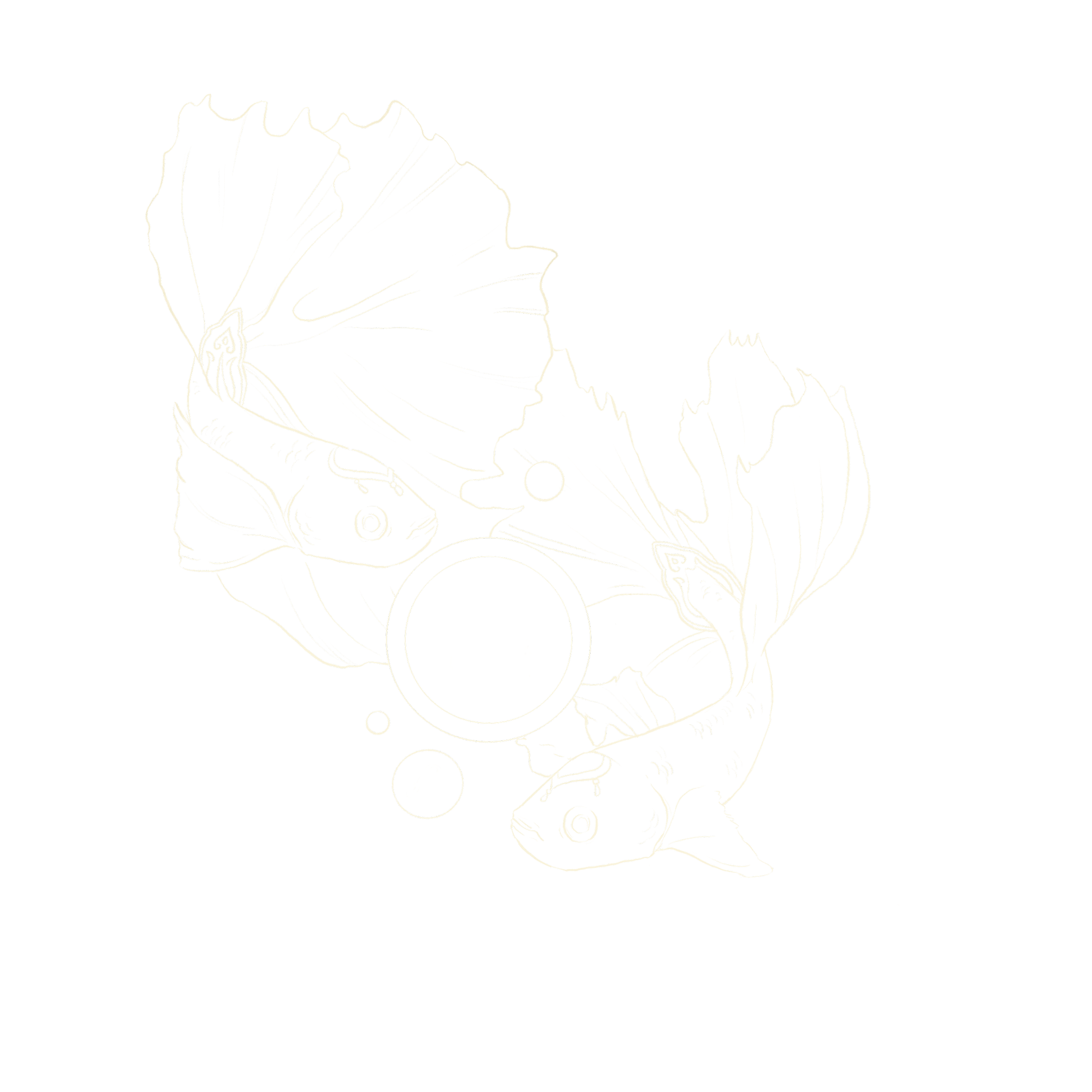 Line drawing of two goldfish swimming with bubbles on a black background.