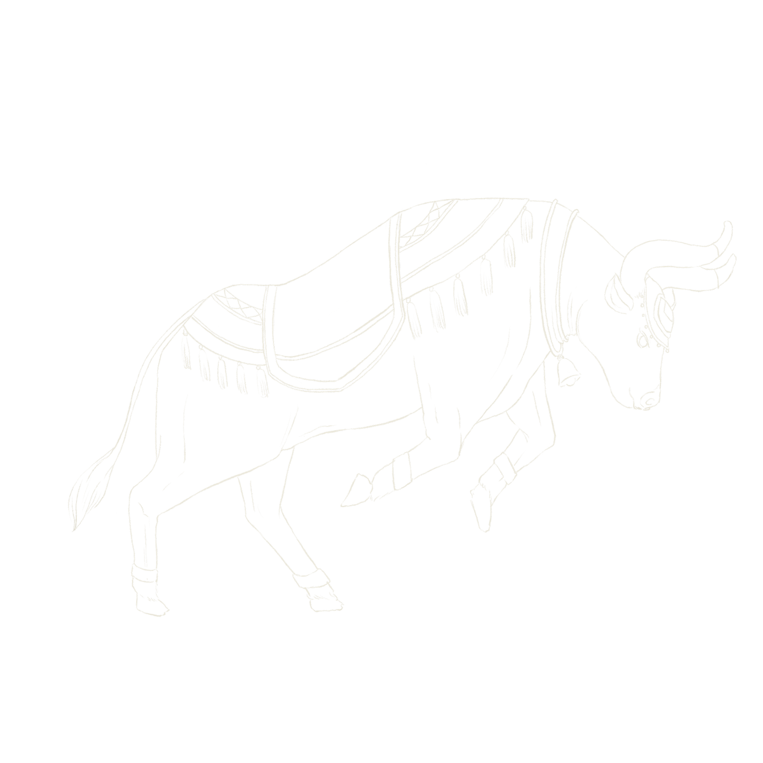 Line drawing of a bull decorated with ornaments and a saddle, set against a black background.