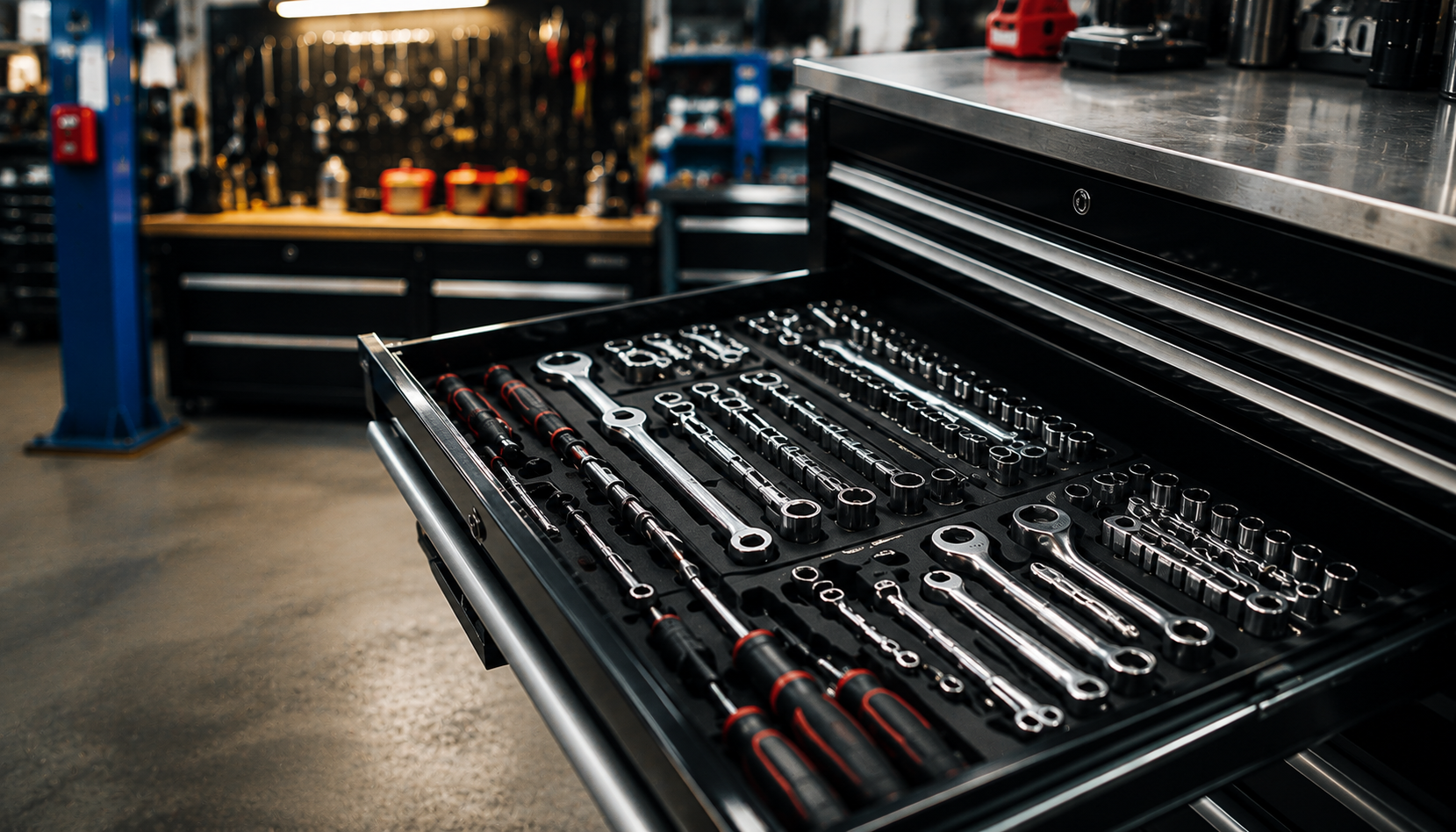 Open toolbox with various hand tools like wrenches and screwdrivers on a workbench in a garage or workshop.