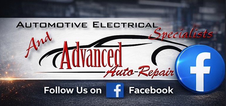 Advertisement for Advanced Auto Repair, specializing in automotive electrical and auto repair. Includes Facebook logo with 'Follow Us on Facebook'.