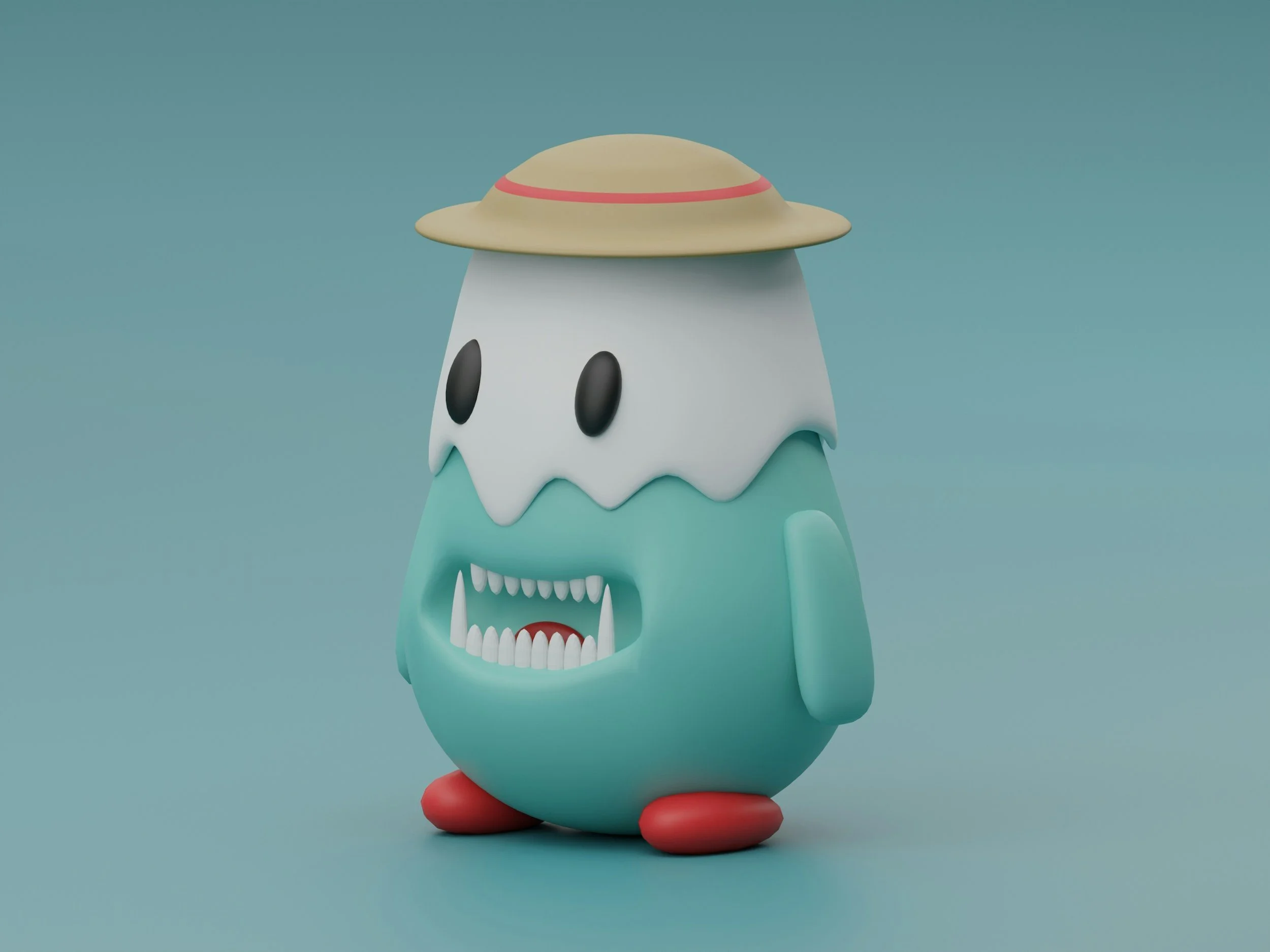 A cartoon character resembling a blue egg with a skull face, wearing a straw hat and red shoes, standing against a plain background.