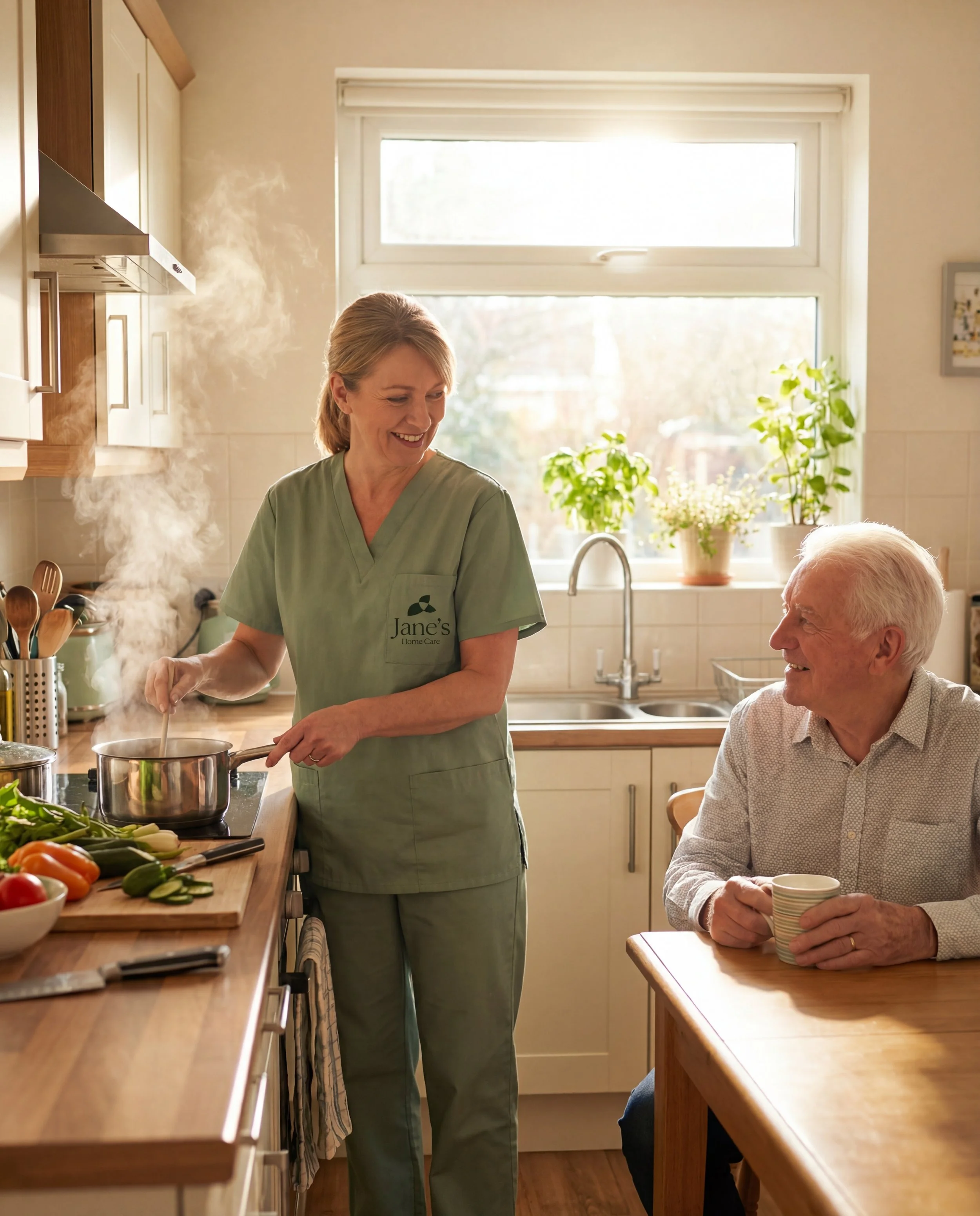 Senior man enjoying a home cooked meal with his caregiver