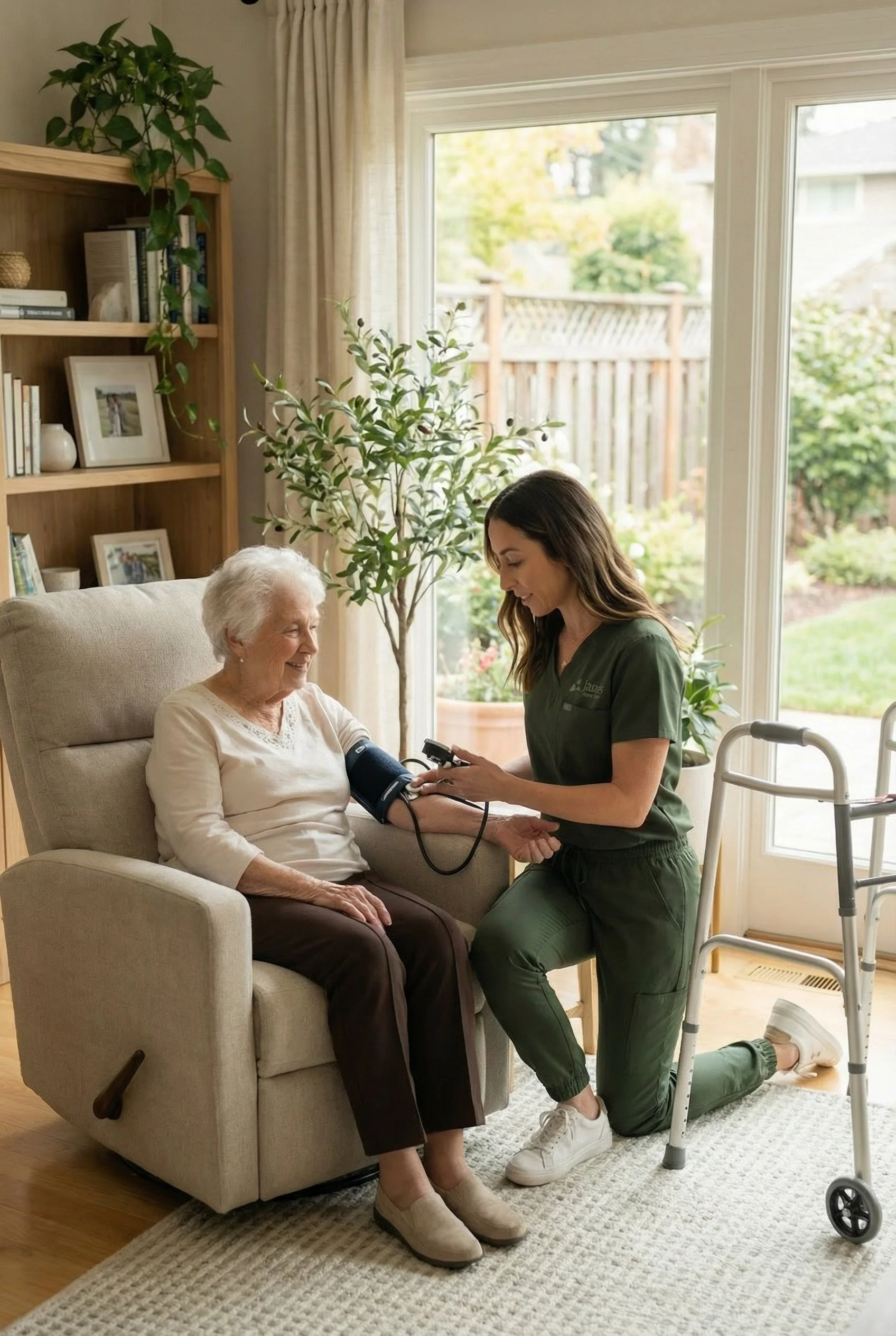 Senior woman smiling with caregiver in her home