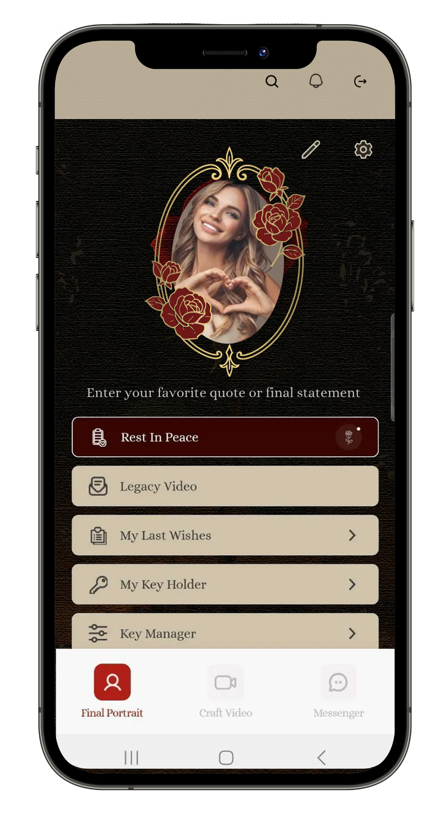 Final Portrait screen in the Death Message app, where a person’s photo and personal words are gathered as part of their legacy.