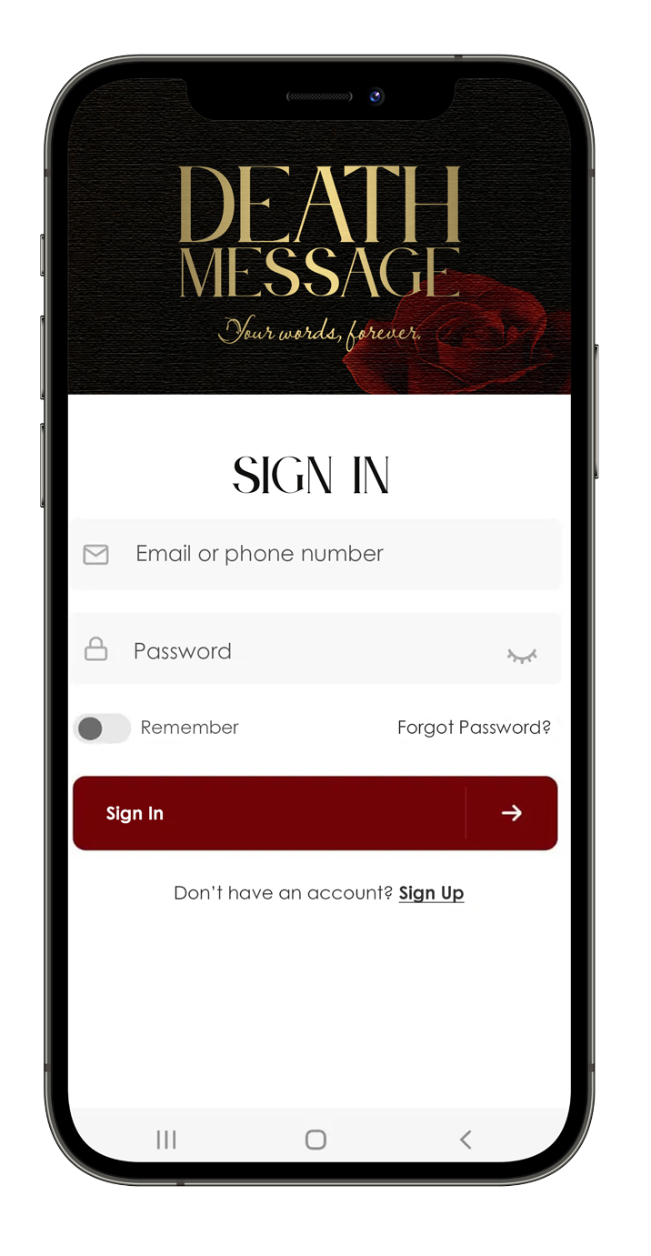 Login screen for the Death Message app, providing secure access to a personal space for legacy creation.