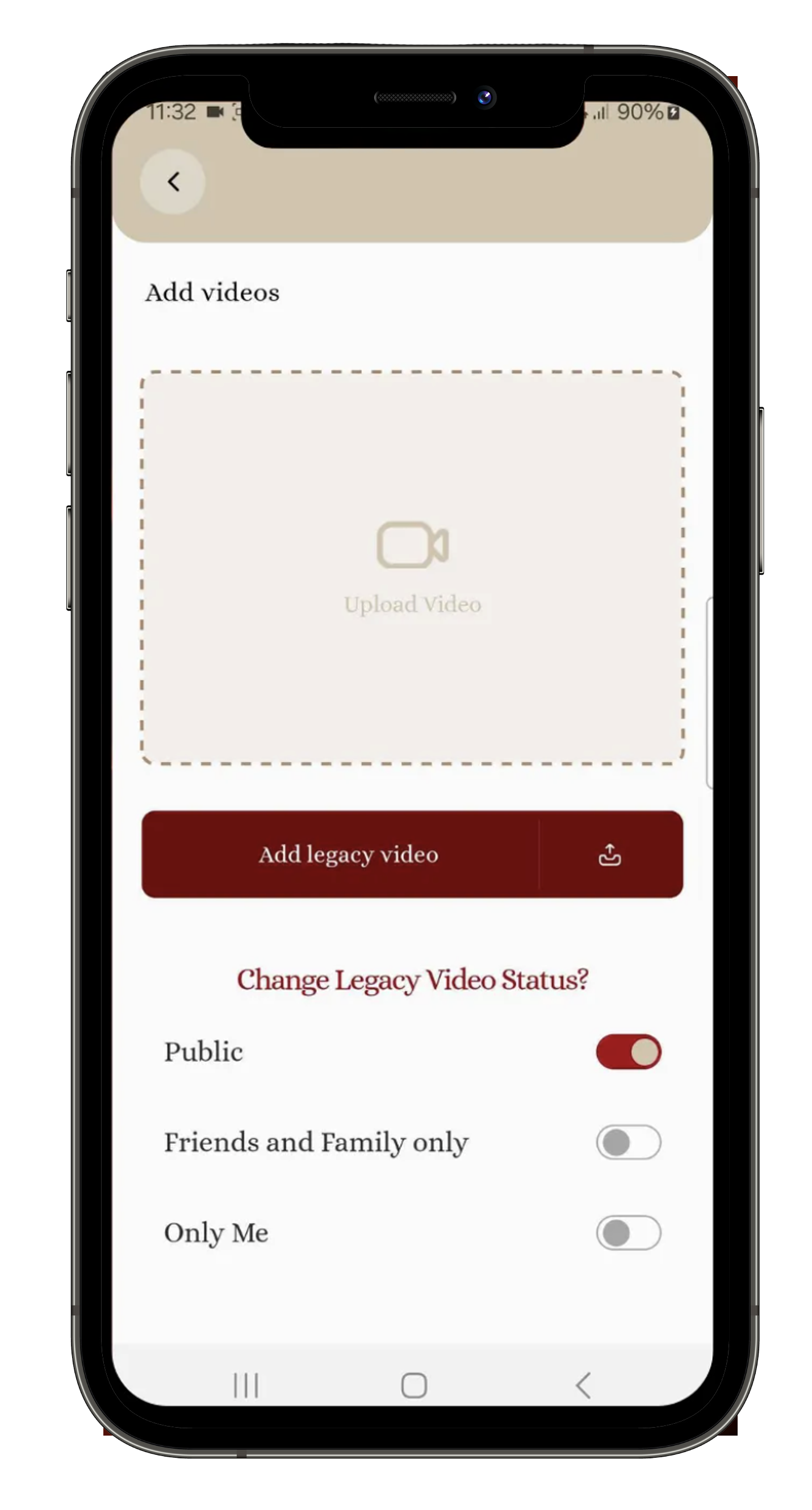 Video management screen in the Death Message app, allowing users to record, organize, and control privacy for legacy videos.