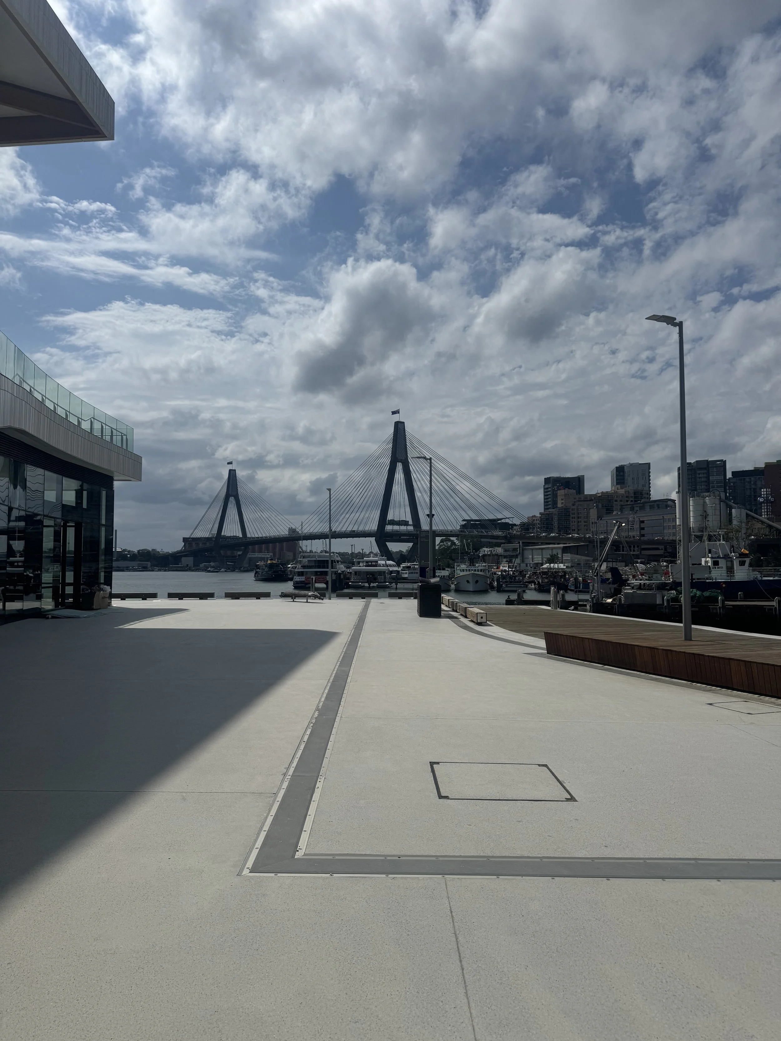 View of a waterfront with a modern bridge, boats docked along the pier, and a city skyline in the background under a partly cloudy sky.
