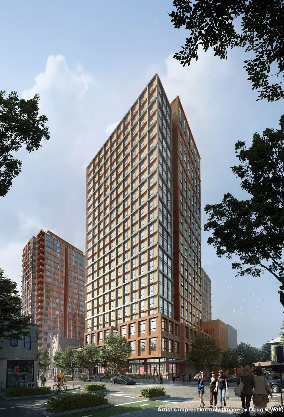 A tall modern high-rise building with a grid of windows, set against a partly cloudy sky with trees in the foreground, and people walking and cycling nearby.