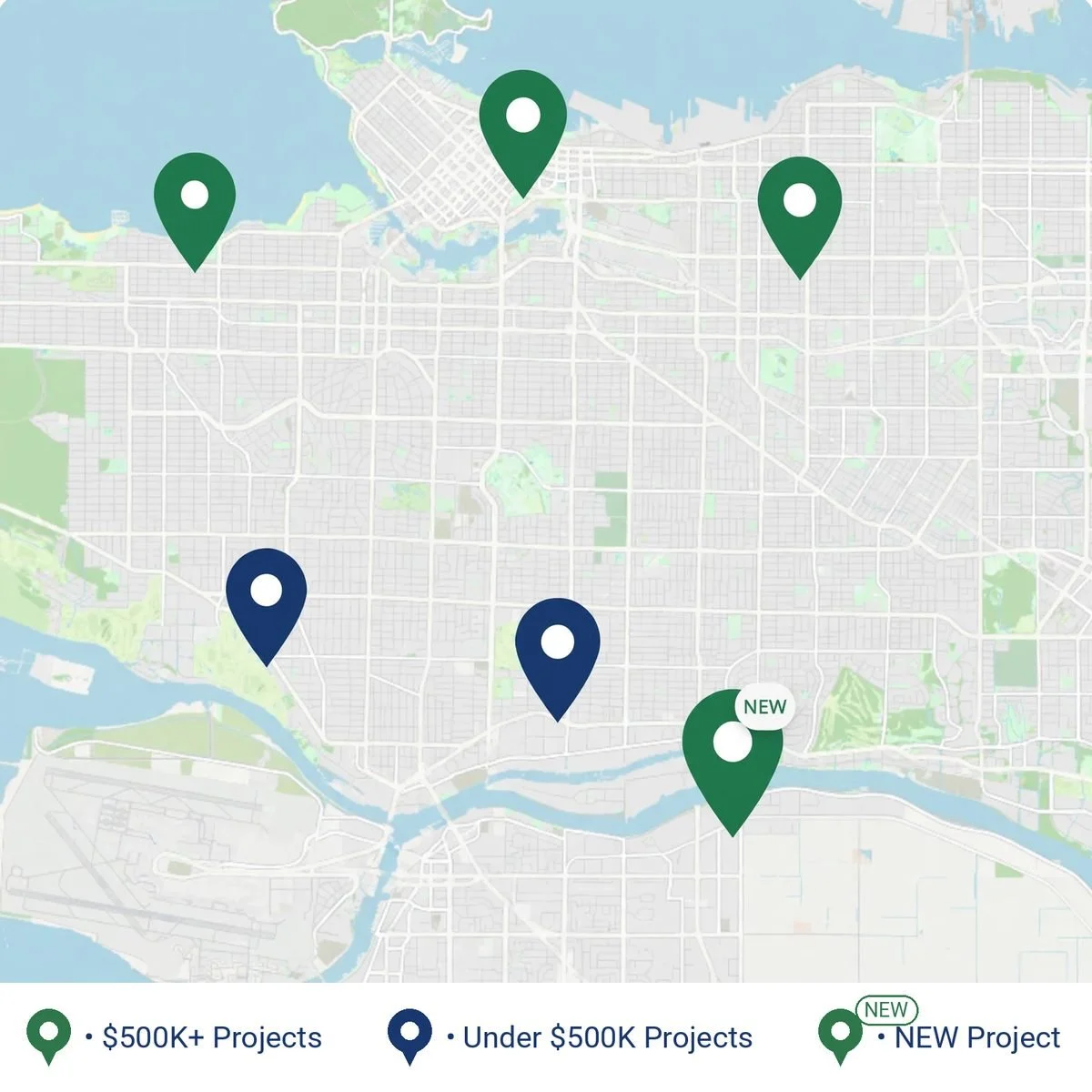 Map of British Columbia showing new construction project locations from building permit data