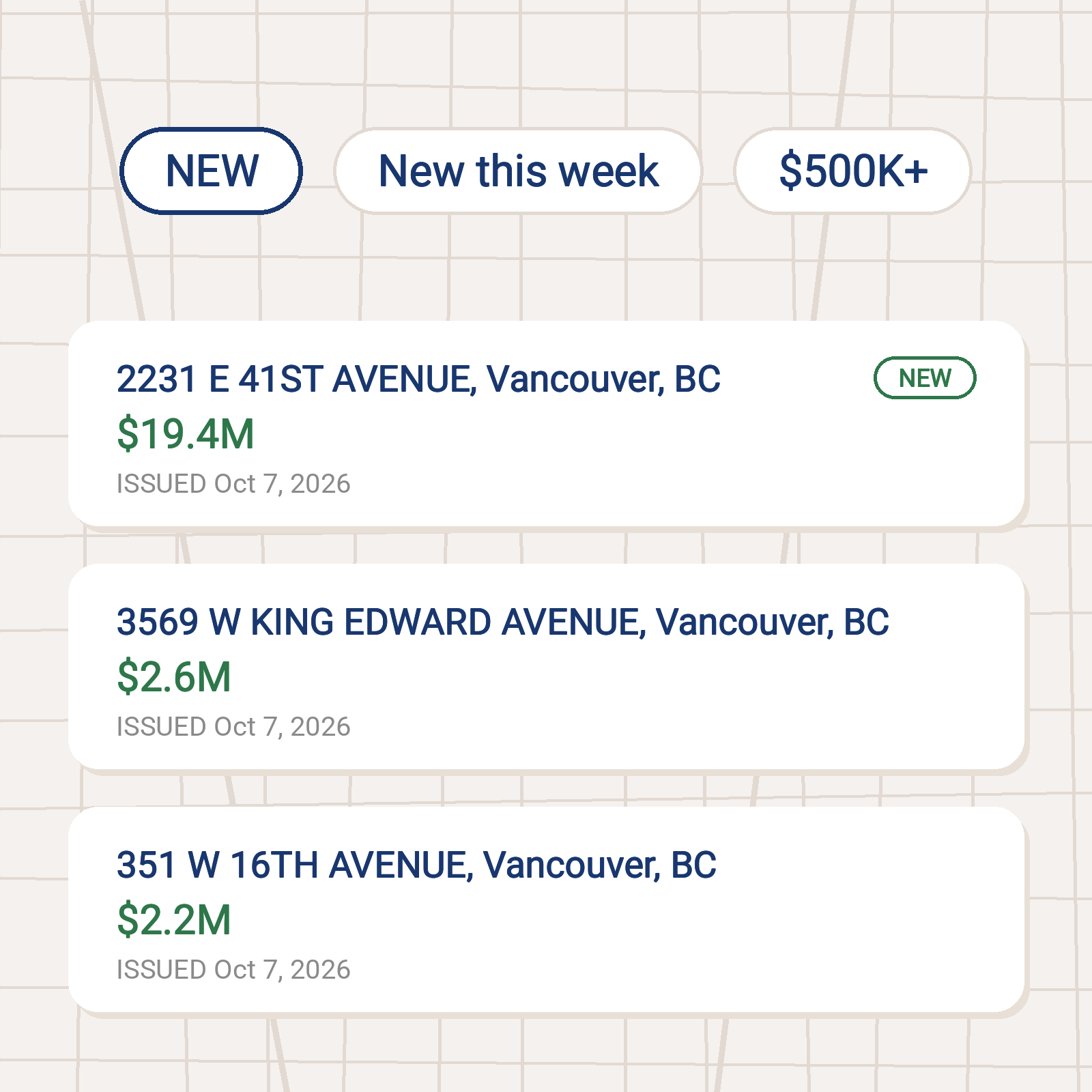 Close-up map showing filtered ground-up new construction project locations with addresses and permit dates.