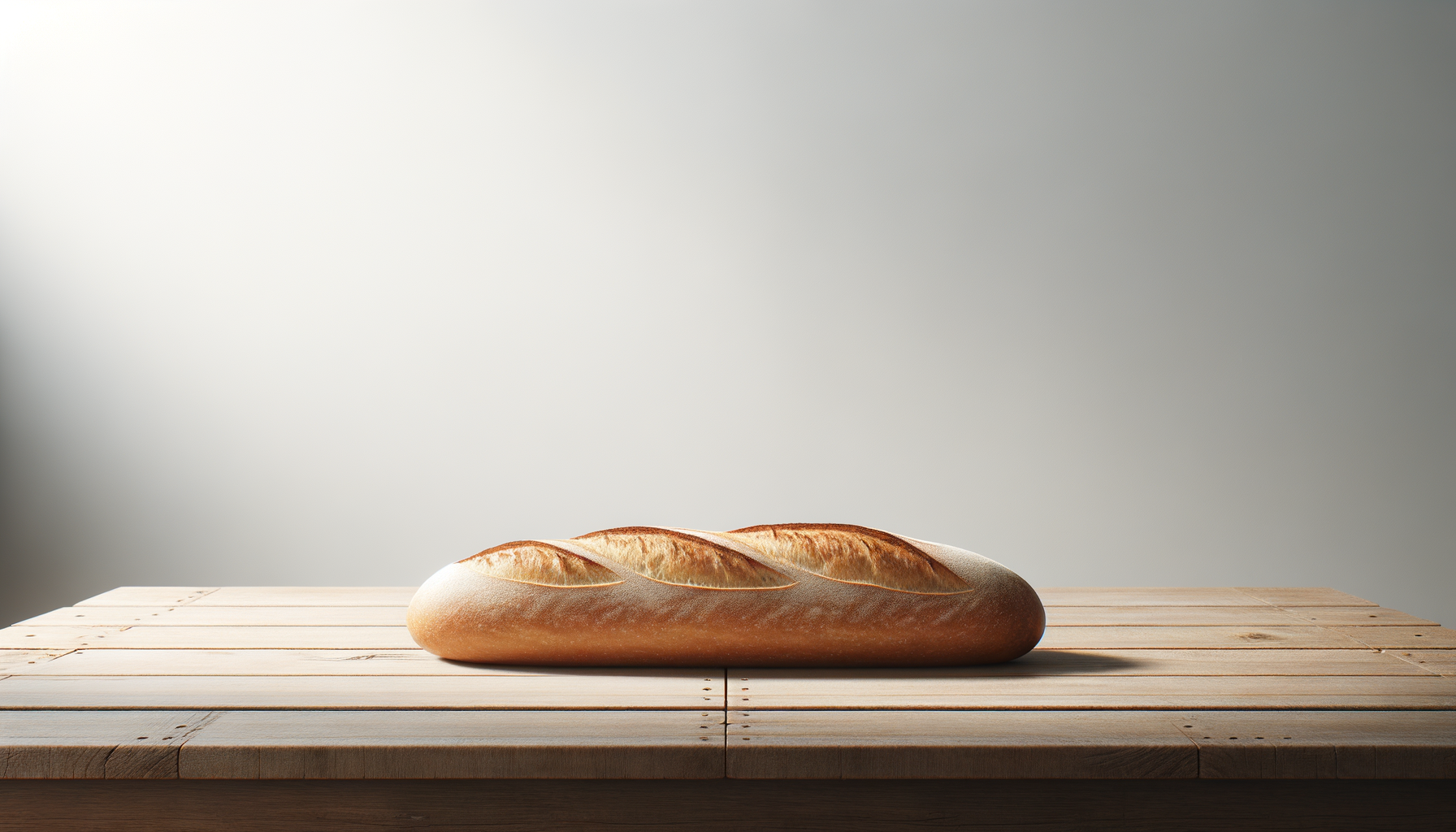Loaf of bread on a wooden surface with a plain gray background