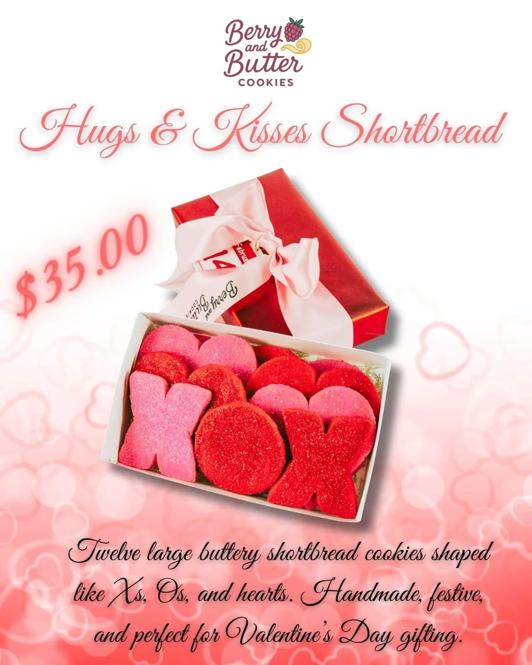 Hugs & Kisses Shortbread Cookie Set – 12 Large XO & Heart-Shaped Cookies