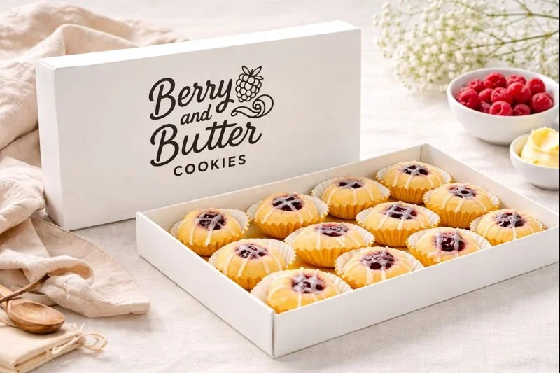 A white box labeled "Berry and Butter Cookies" filled with small, round cookies topped with berry jam. Nearby are bowls of raspberries and butter, on a light-colored surface with a cream-colored cloth and a wooden spoon.