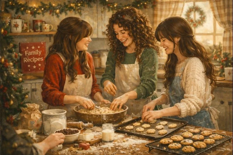 Three women baking cookies in a cozy, decorated kitchen with Christmas decorations.