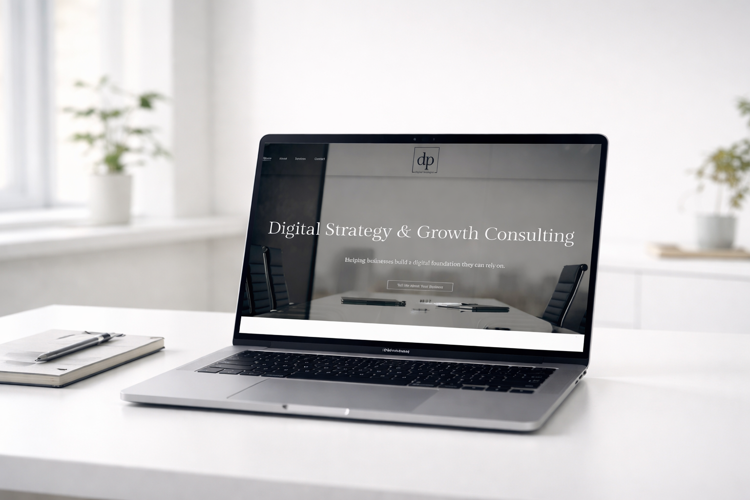 Laptop on a clean white desk in a minimalist workspace, displaying the Des Perspectives website homepage.