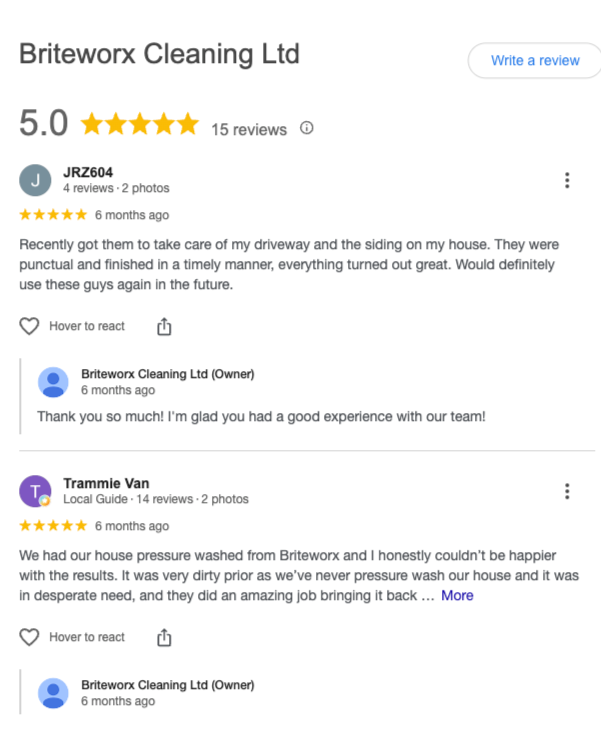 screenshot of Briteworx's google reviews