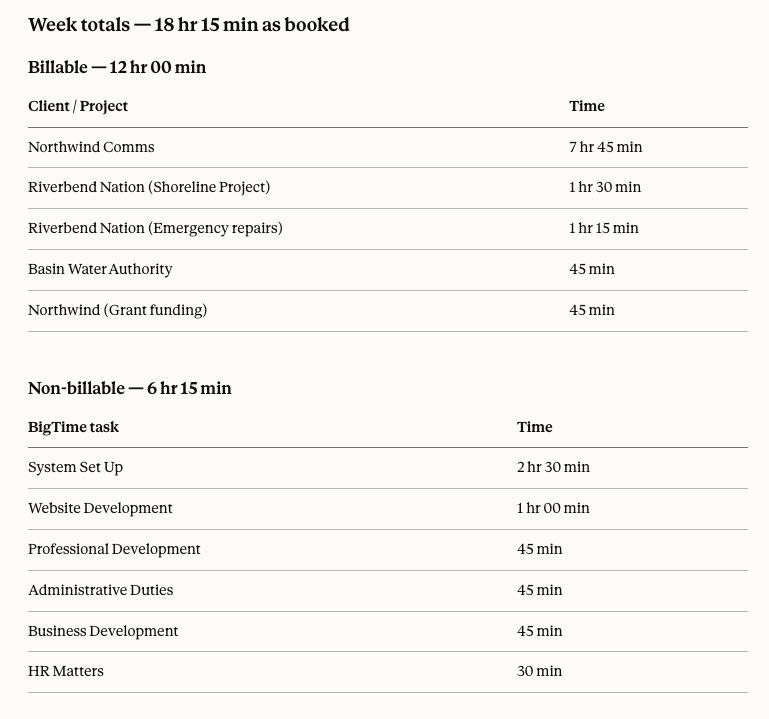 Example of logged time summary