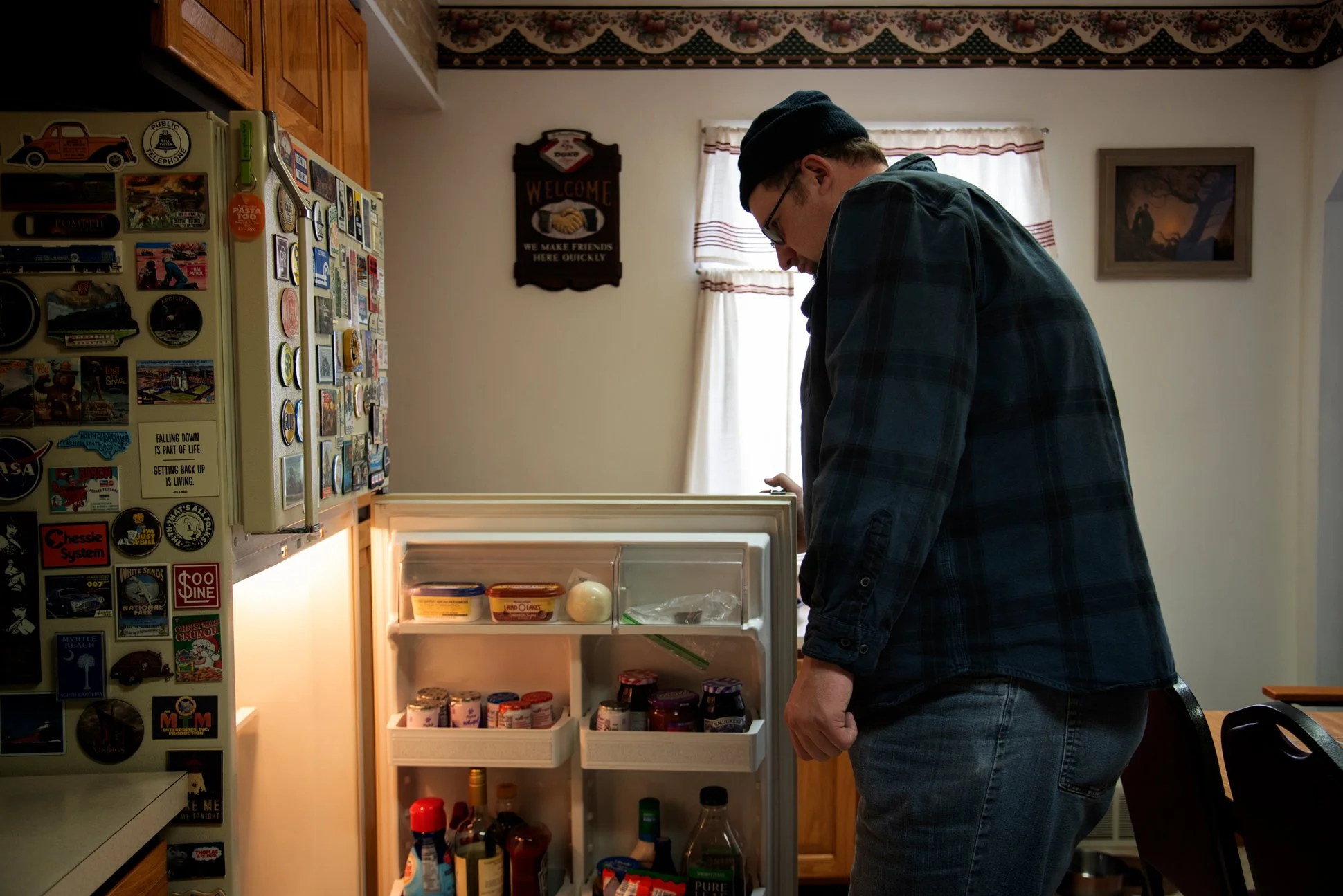 West Mifflin, Pennsylvania, 2025. Ron Bohin, in his home, has fulfilled his lifelong dream of working with trains after many years at the USS steel mill. He works for Amtrak, taking care of track safety, and also for the Port Authority of Allegheny C