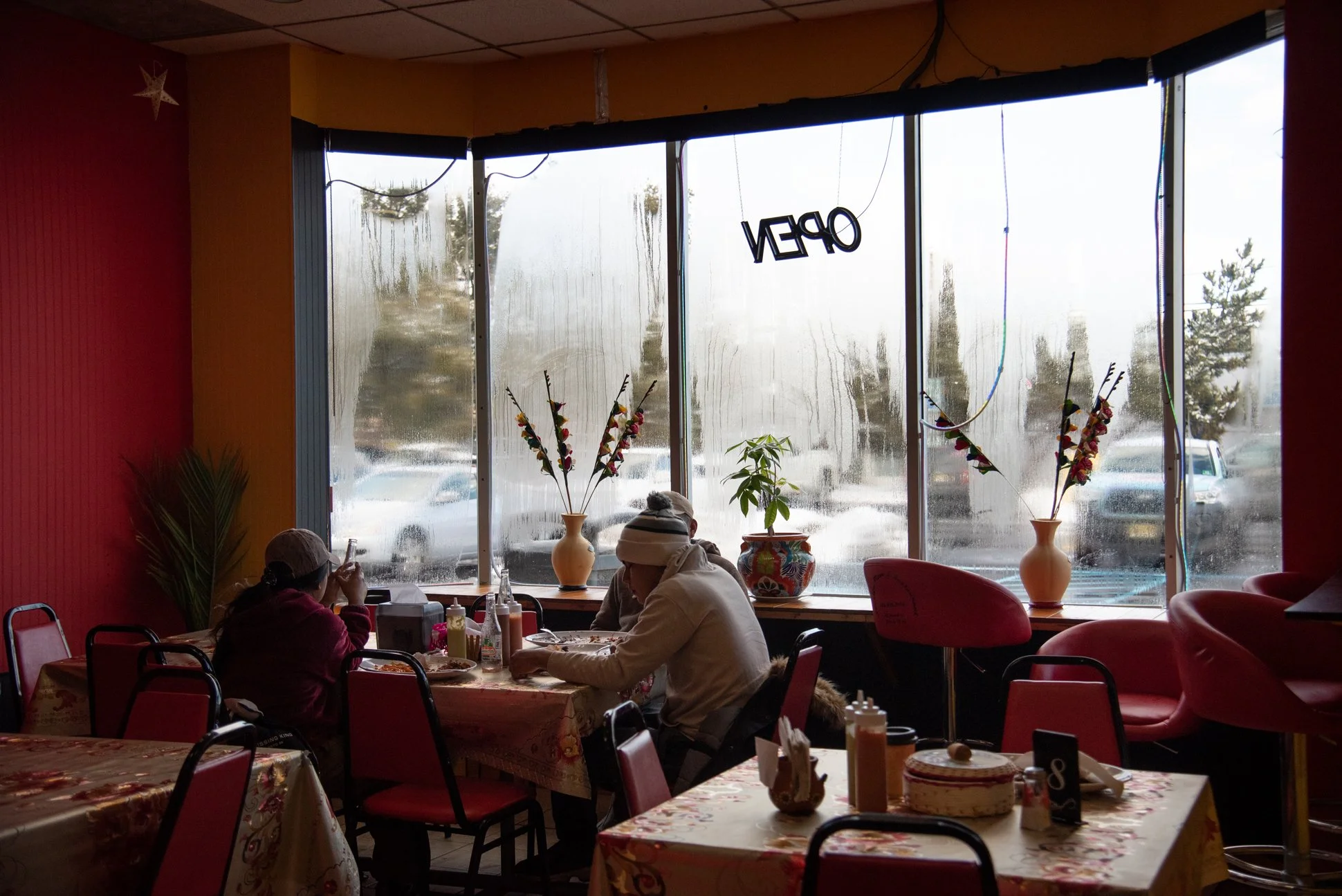 Freehold, New Jersey, 2025. Mexican restaurant, where a group of Mexican workers are likely taking their lunch break. In Freehold Borough, a majority of residents (about 52 %) identify as Hispanic or Latino.