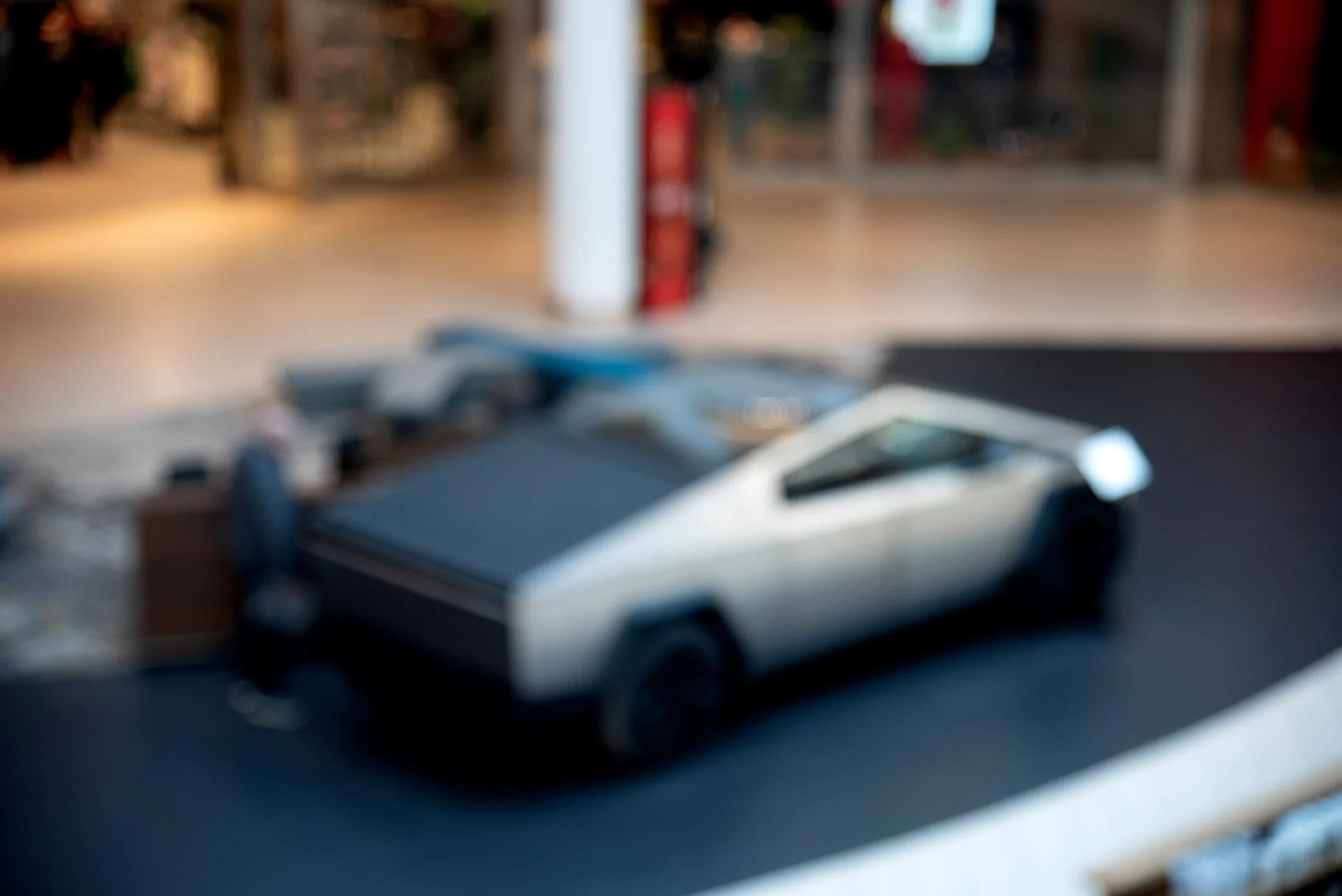 New Jersey, 2025. A Tesla Cybertruck on display inside a shopping mall.