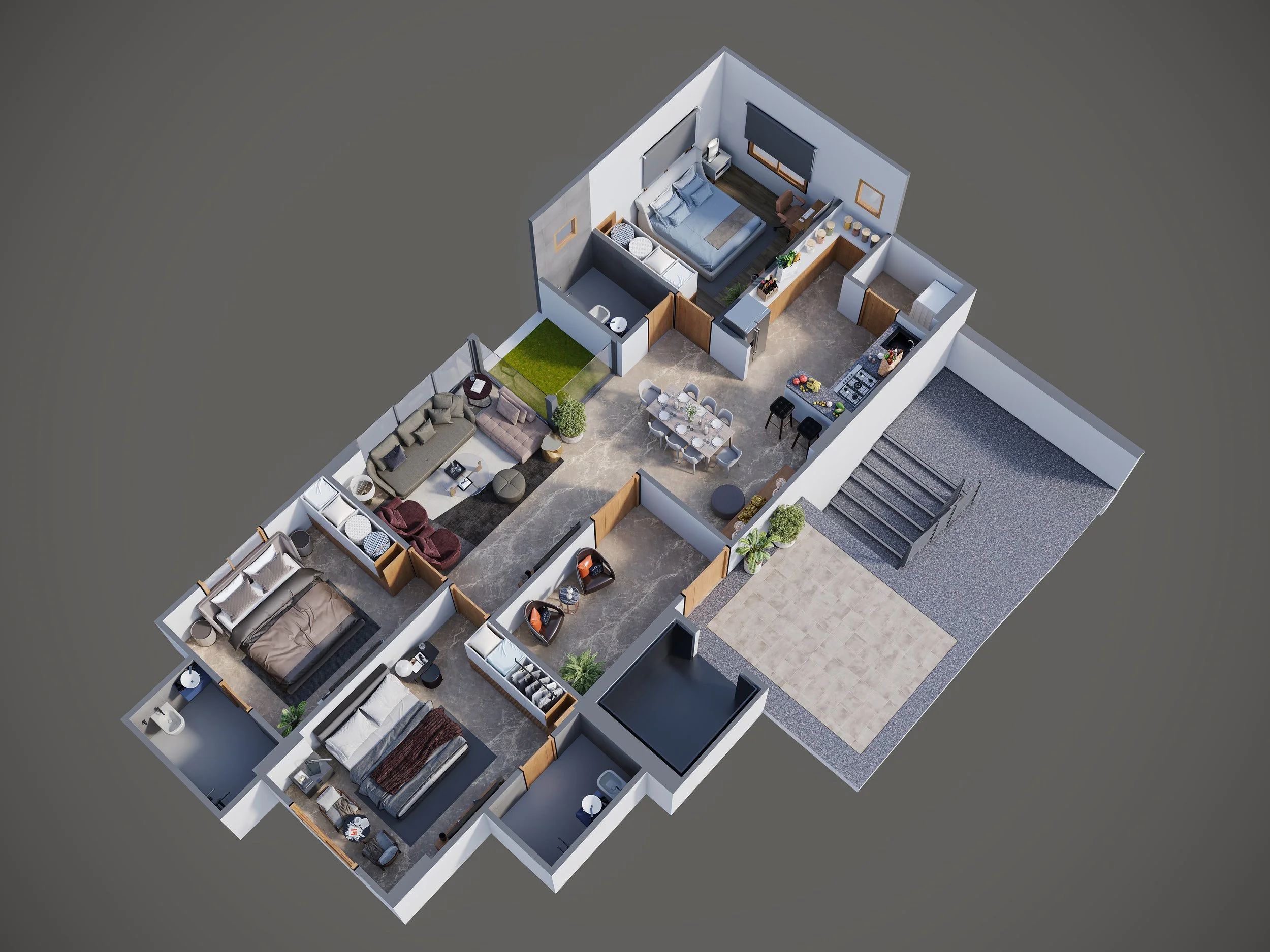 3D floor plan of a modern house with bedrooms, bathrooms, a living room, a dining area, a kitchen, and an outdoor patio with stairs and plants.