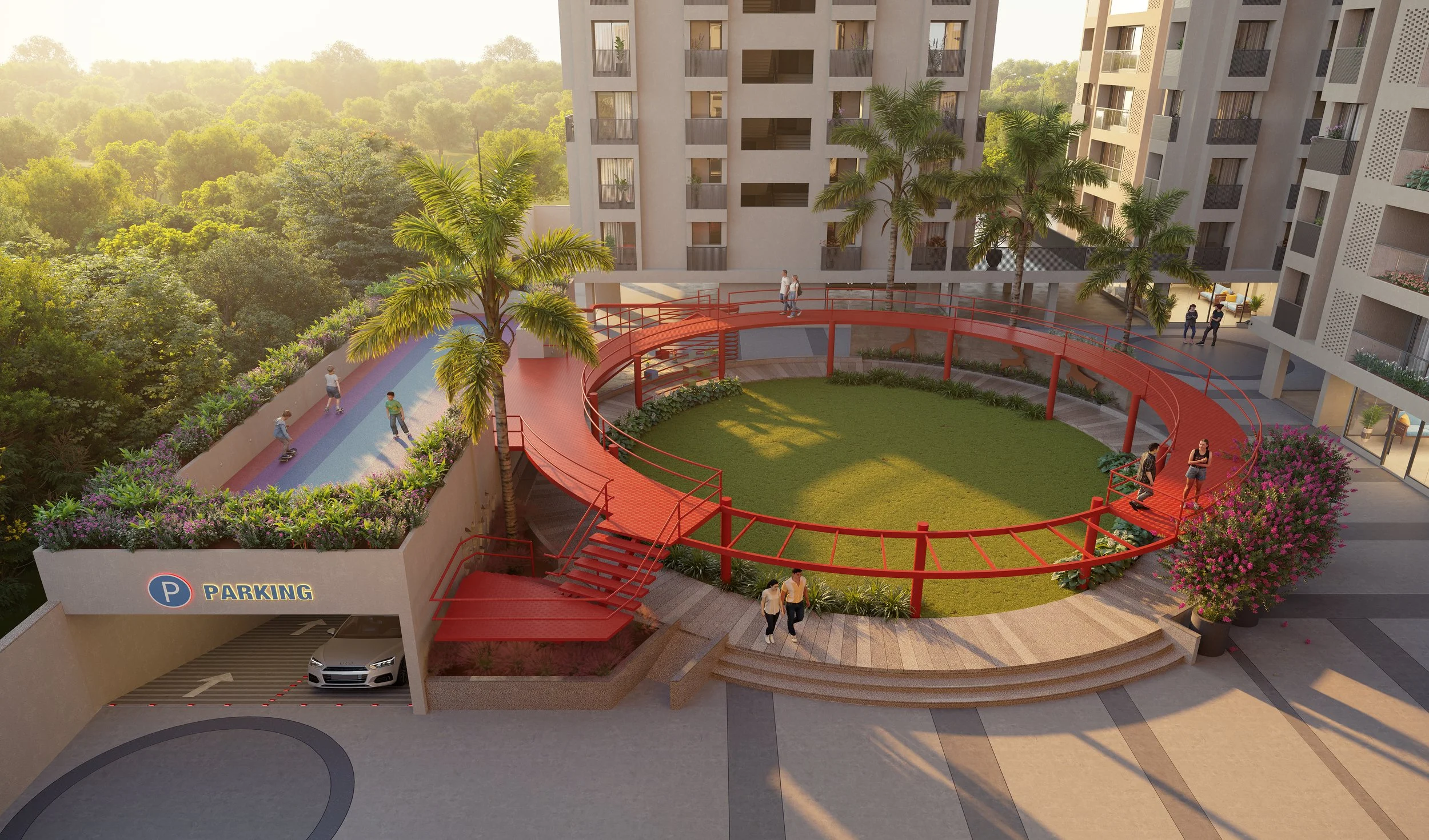 A modern residential complex outdoor courtyard with a green grassy area, a red circular walking path, palm trees, flowering bushes, a skateboard ramp, and parking garage entrance, with people walking and enjoying the space during daytime.