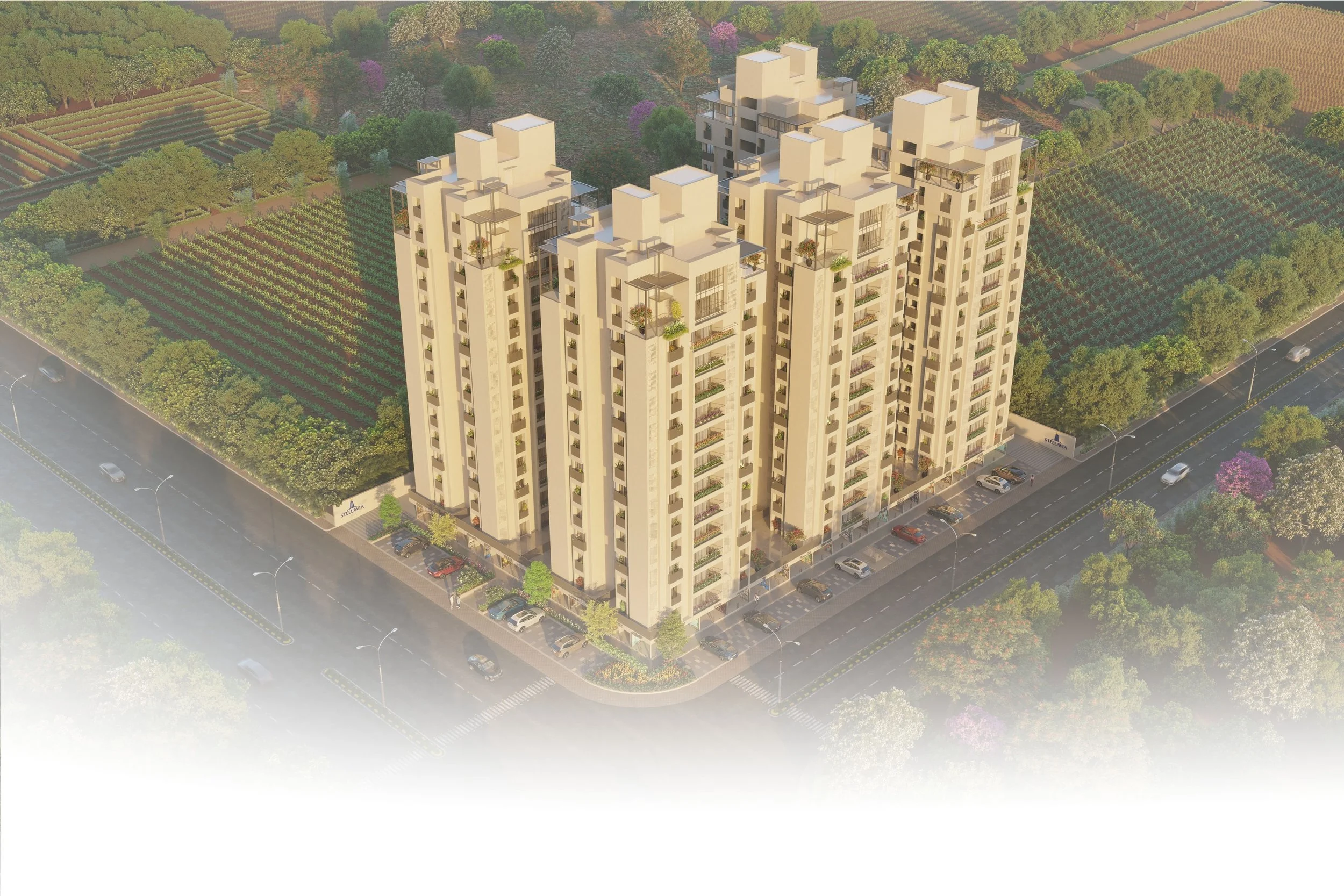 A modern high-rise apartment complex surrounded by greenery and farmland, with a parking lot and a street with cars in front.