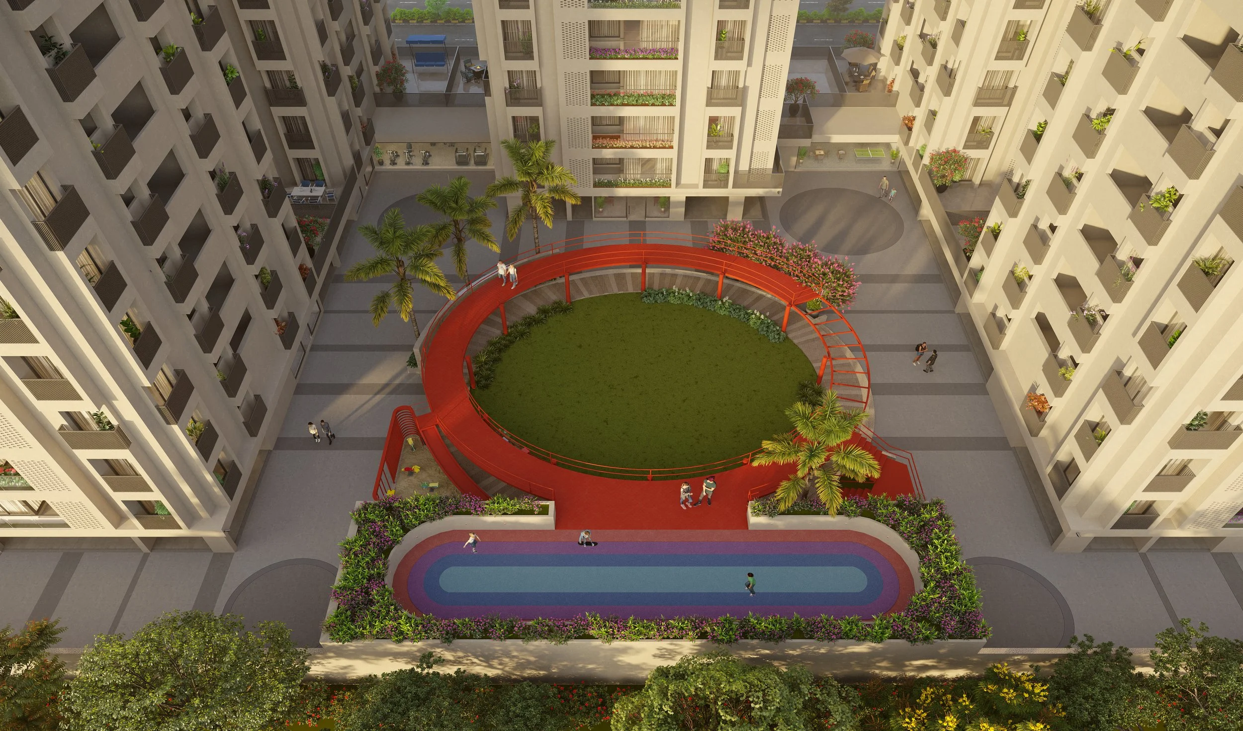 Rendering of a modern residential complex courtyard featuring a circular grass lawn, a red curved walkway, several trees, a rainbow-colored running track, and multi-story apartment buildings with balconies decorated with plants.